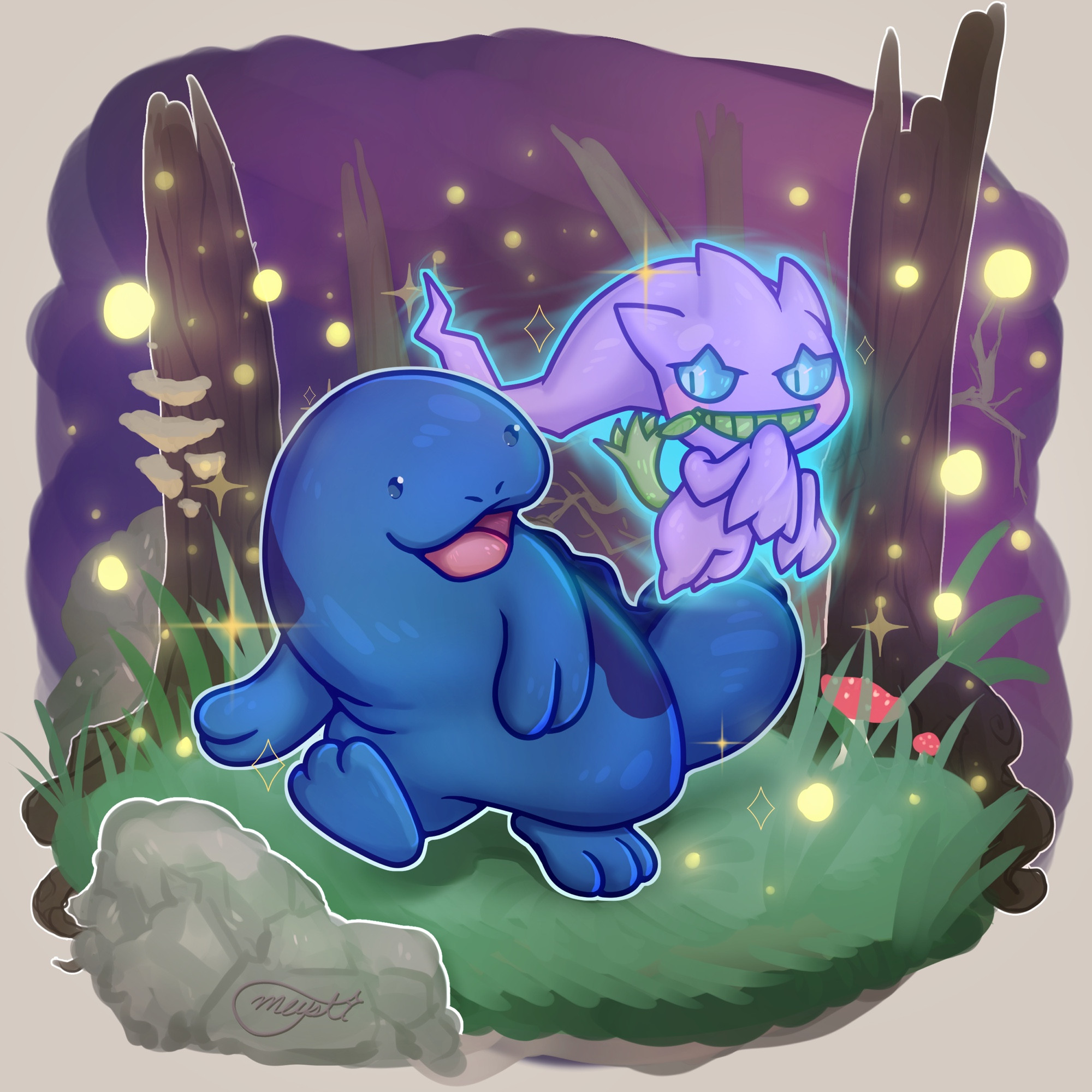 An alternative colored Banette and Quagsire enjoy a stroll through a spooky forest with fireflies lighting around them.