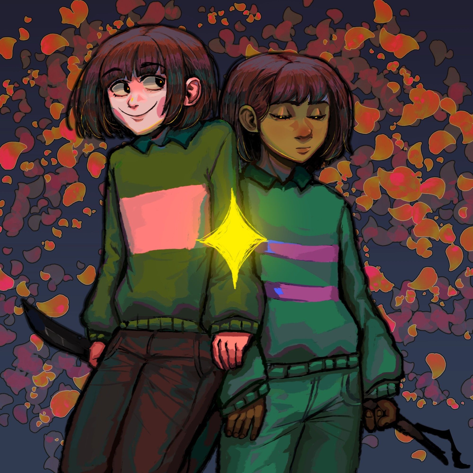 Chara and Frisk from Undertale. Chara (a white person with brown hair and pink cheeks and black eyes) is next to frisk (who is on their right side) wearing their normal outfit, a green sweater with a polo neck and a big beige line on her chest and a pair of pants. brown. They're holding a knife in their left hand. They're looking to the left side. As for Frisk (He has a yellowish skintone and brown hair too,) They're wearing a cyan sweater with two pink lines and cyan pants (it looks kind of green in the image because I messed up the colors), they're holding a stick and have their eyes closed. In the middle of the two it has that yellow save star. About the background, it has a dark blueish sky full of falling yellow petals.