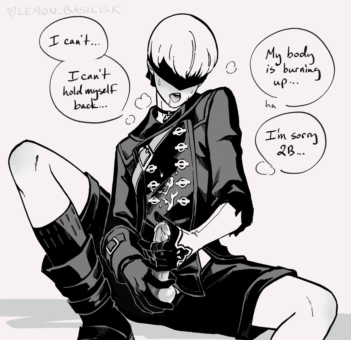 9S pants as he jacks himself off, though his left hand has been replaced by a 2B model hand. Text reads: “I cant… I cant hold myself back… My body is burning up… I’m sorry 2B”