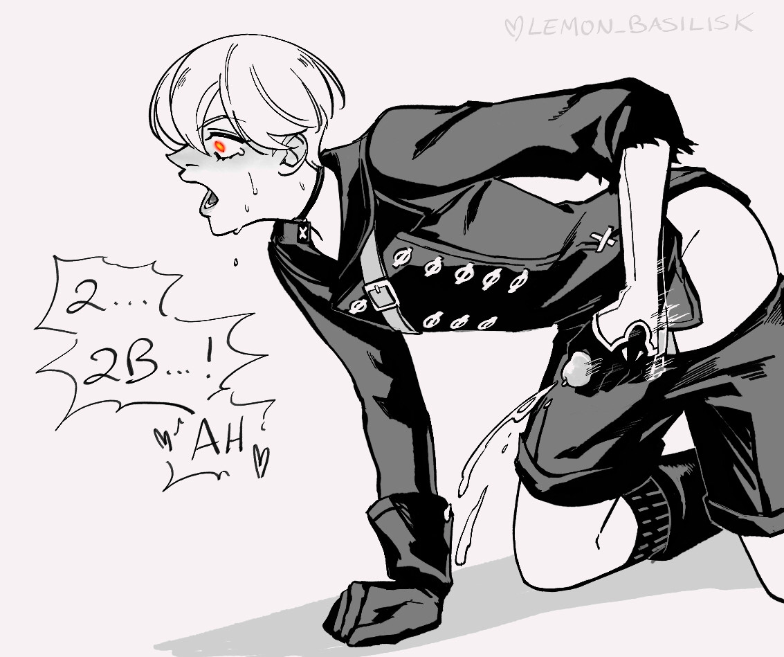 9S leans forward on the ground, stroking his cock in the attached 2B hand. His eyes blaze red and both sweat and tears drip down his face. “2B…ahh” he gasps