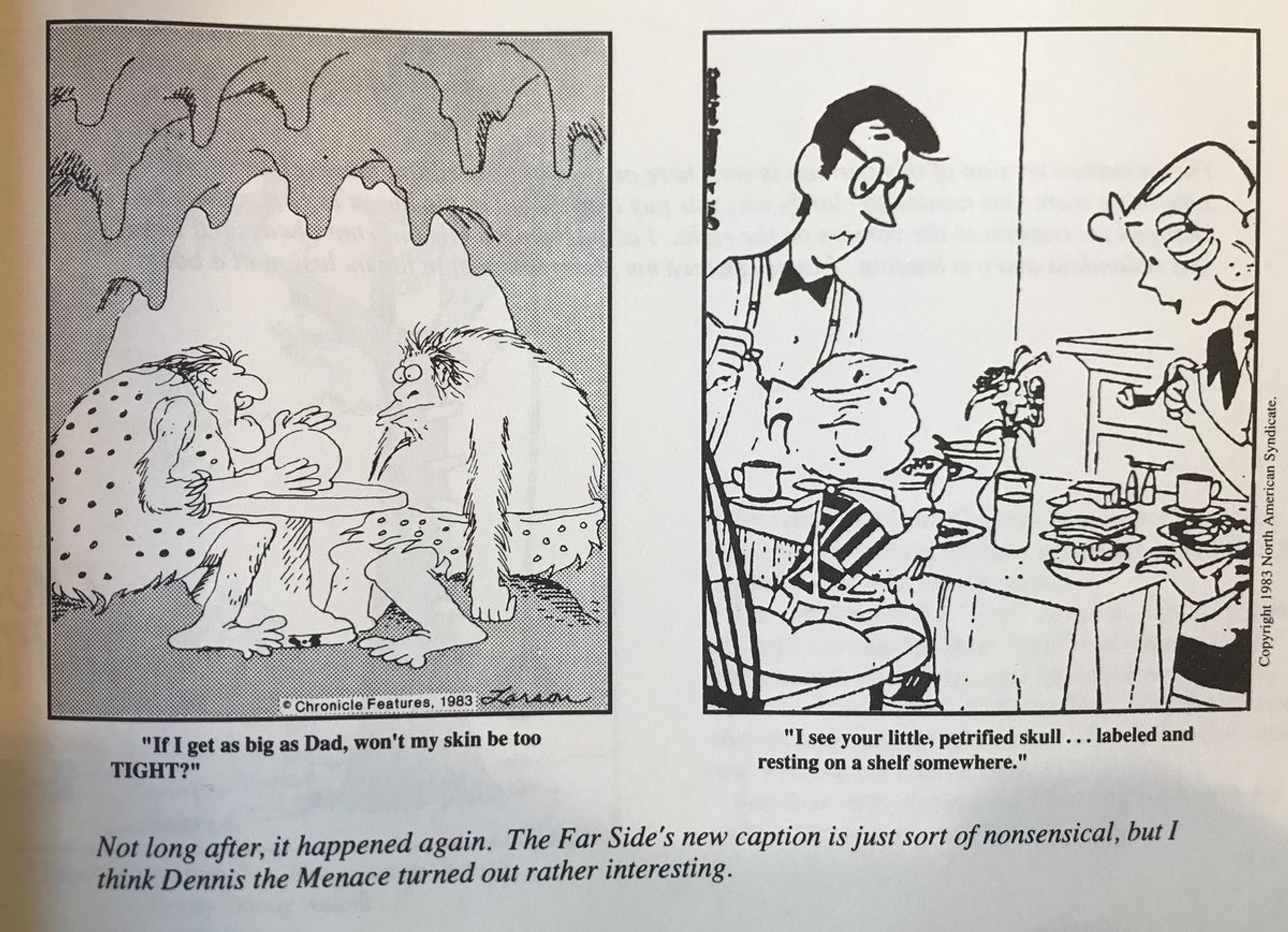 Larson: Not long after, it happened again. The Far Side's new caption is just sort of nonsensical, but I think Dennis the Menace turned out rather interesting.

The Far Side: Two cave people sit at a table, in a cave, engrossed in what looks like a crystal ball fortune telling. The caption reads "If I get as big as Dad, won't my skin be too TIGHT?"

Dennis The Menace: The Menace family sits around the table, having a meal. Dennis says to mom, "I see your little petrified skull... labeled and resting on a shelf somewhere." Dad continues eating.