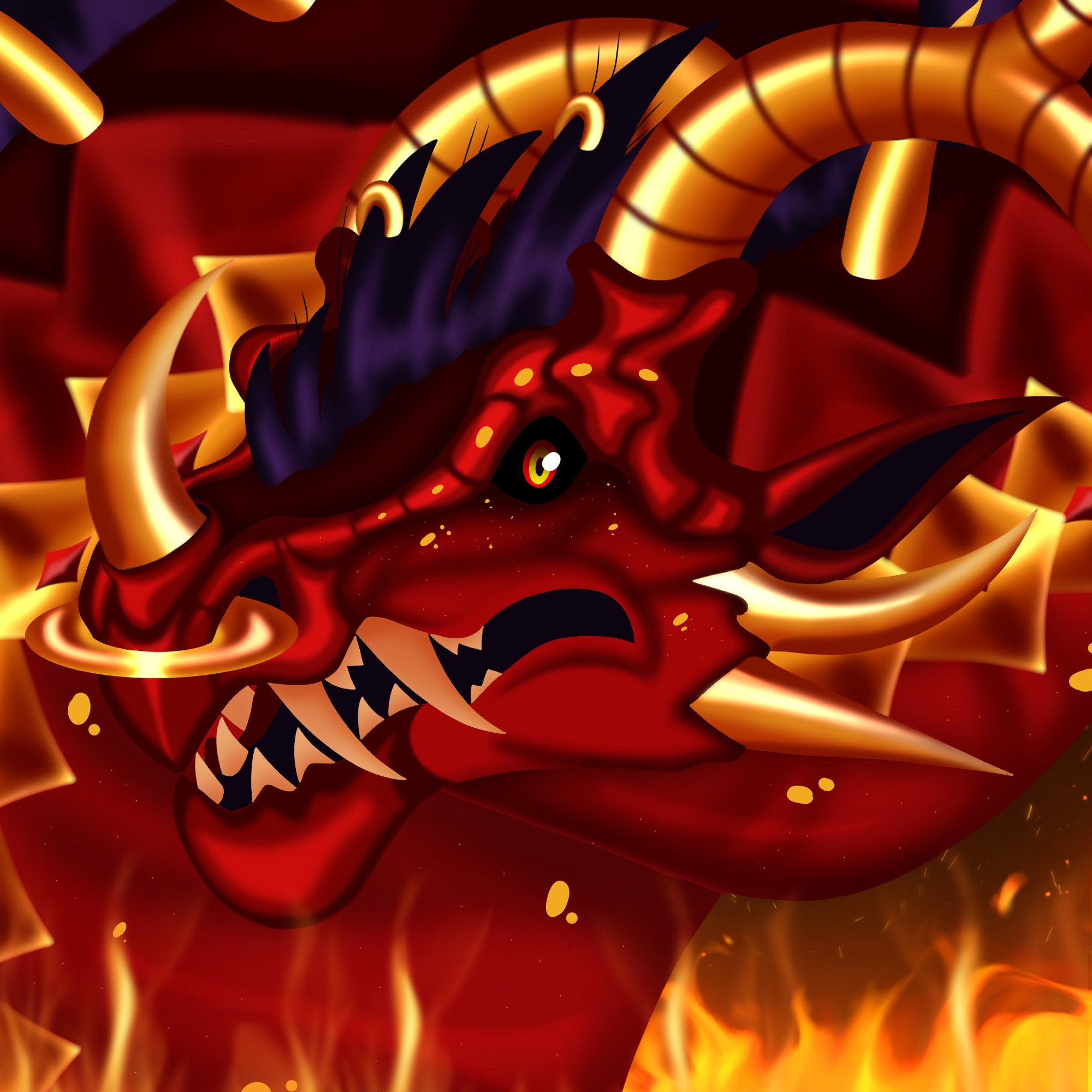 Bustshot of a red and gold dragon amidst fire 