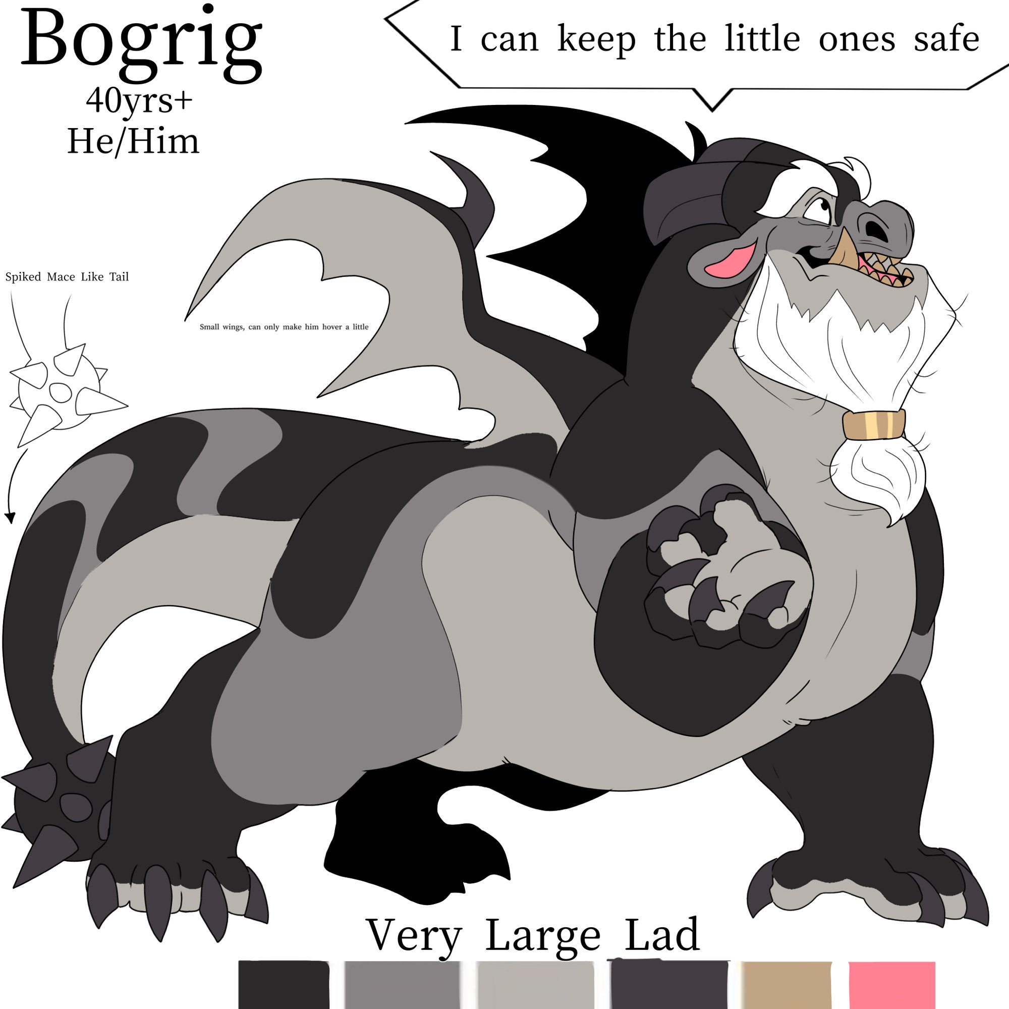 Ref sheet of a large black, white and grey dragon