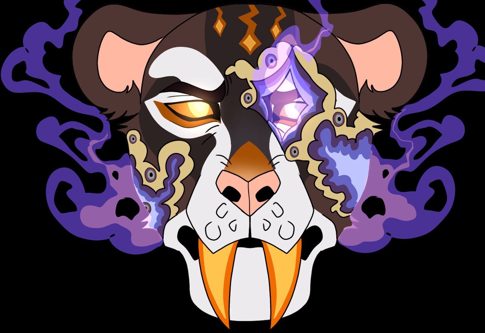 Headshot of a brown/white/orange sabertooth tiger oc with the markings of a laguna agate gemstone going across their face. Purple magic smoke is being expelled from the agate marks on their face