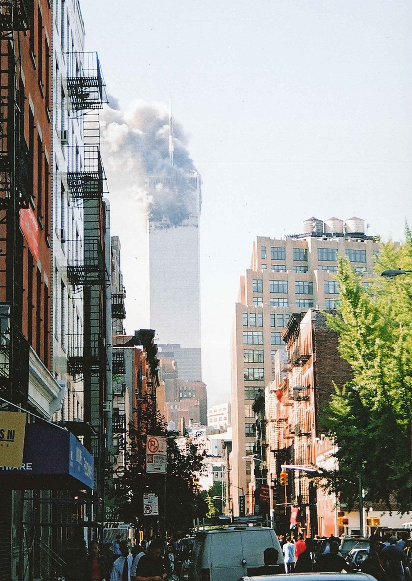 World Trade Center tower on fire.