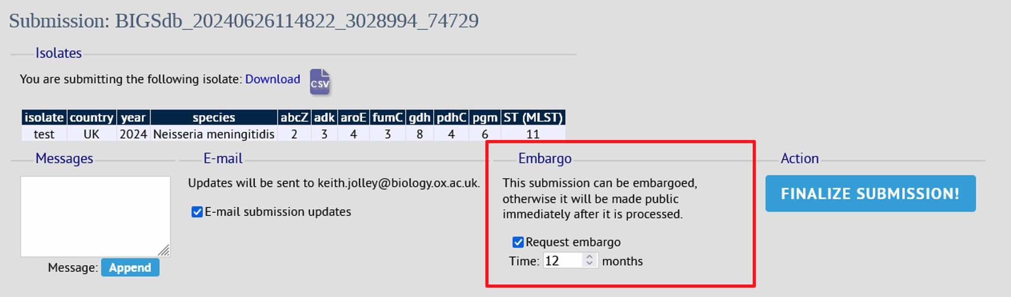 BIGSdb isolate submission page showing new form for requesting an embargo.