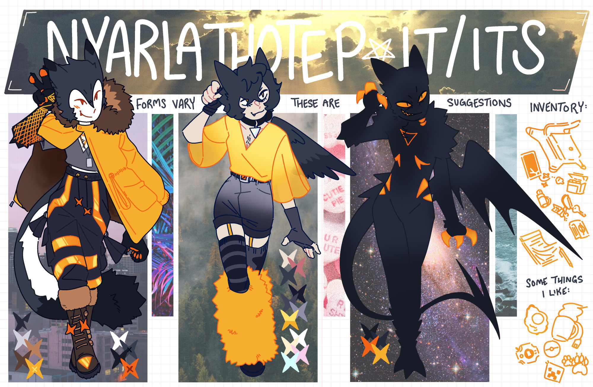 a decorated reference sheet of a shapeshifter. the leftmost design is an anthropomorphic ferret, wearing a cropped shirt, baggy pants with shiny yellow accents, tall boots, and a very large yellow parka. the ferret's fur is designed like a tuxedo cat's pelt. the middle design is humanoid, with messy black hair, a yellow blouse, small shorts, thigh high socks, legwarmers, and boots. it has a single wing sprouting from its back. the rightmost design is the artist's typical sona design, a humanoid, all-black creature with pointed, catlike ears, insectoid limbs, a long, thin tail, and cartoonish devil wings. there are golden markings along its neck and torso like gills, as well as scars on its chest with a triangle in the center. text on the reference reads "Nyarlathotep, It/Its; forms vary, these are suggestions". there are doodles of various items to the right edge of the image. one of them shows a saddle bag, a cracked phone, a pack of gum, a perfume bottle, a wallet, and a set of keys. the other doodle shows a mug of tea, a fried egg, a pokeball, a digivice, a minecraft creeper face, and pawprints.