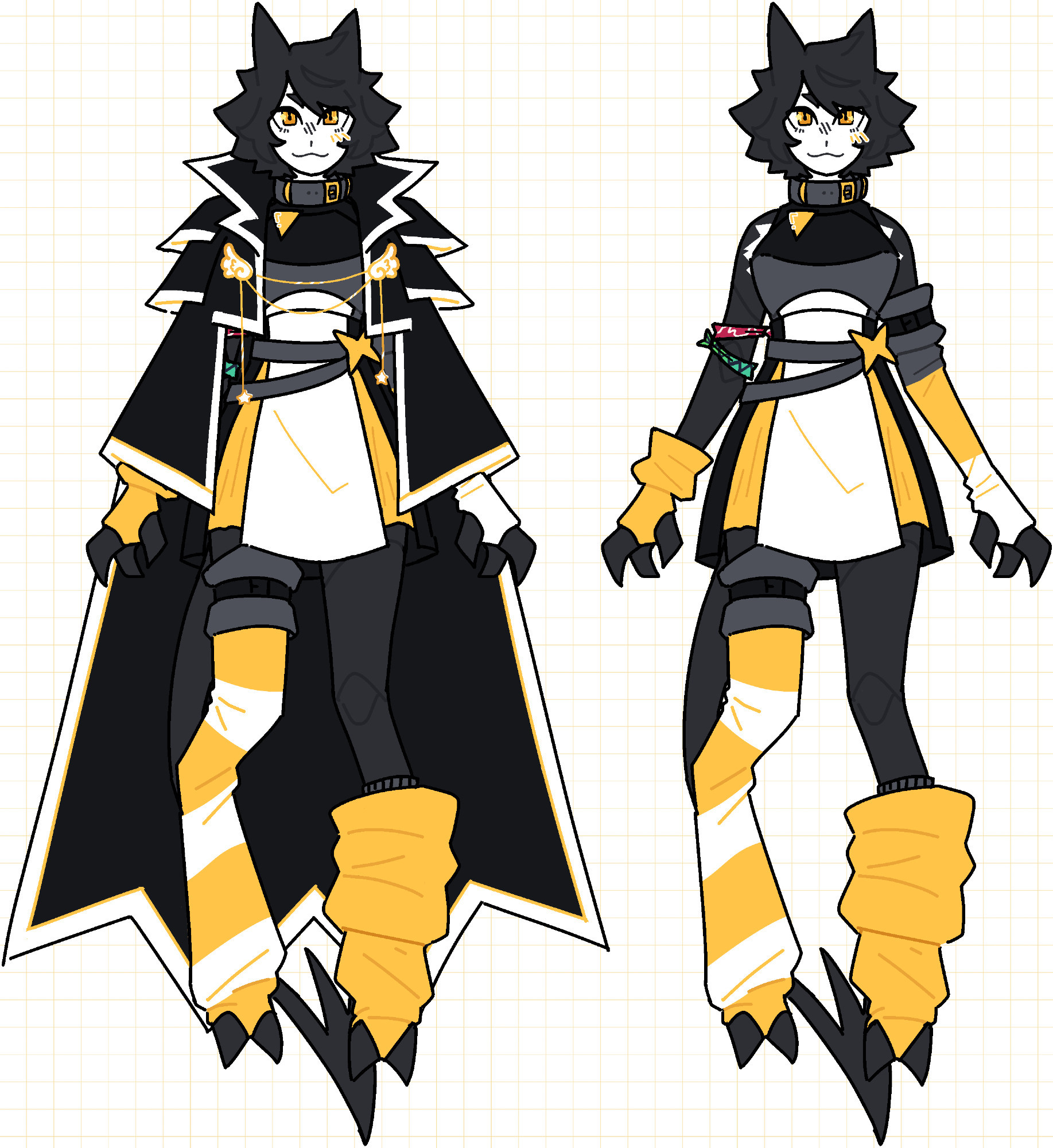 a reference of a humanoid character. the rightmost design shows it with a black collar, a short black, white, and yellow dress, a belt with a butterfly clasp, and mismatched gloves and socks. there are two bracelets tied around its right arm. one is red with white swirls, one is green with black geometric patterns. the creature is mostly human, but has cat ears, a pale white face, and markings along the rest of its body like a tuxedo cat. its limbs are insectoid. the leftmost design shows the same character, additionally wearing a large, layered cloak. the cloak is black, with white trim and golden clasps.