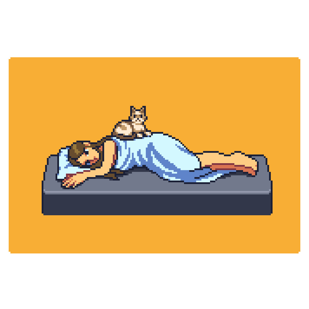 pixel art illustration of a depressed-looking young woman lying on her side on a mattress with a cat perched on top of her, both looking at the viewer