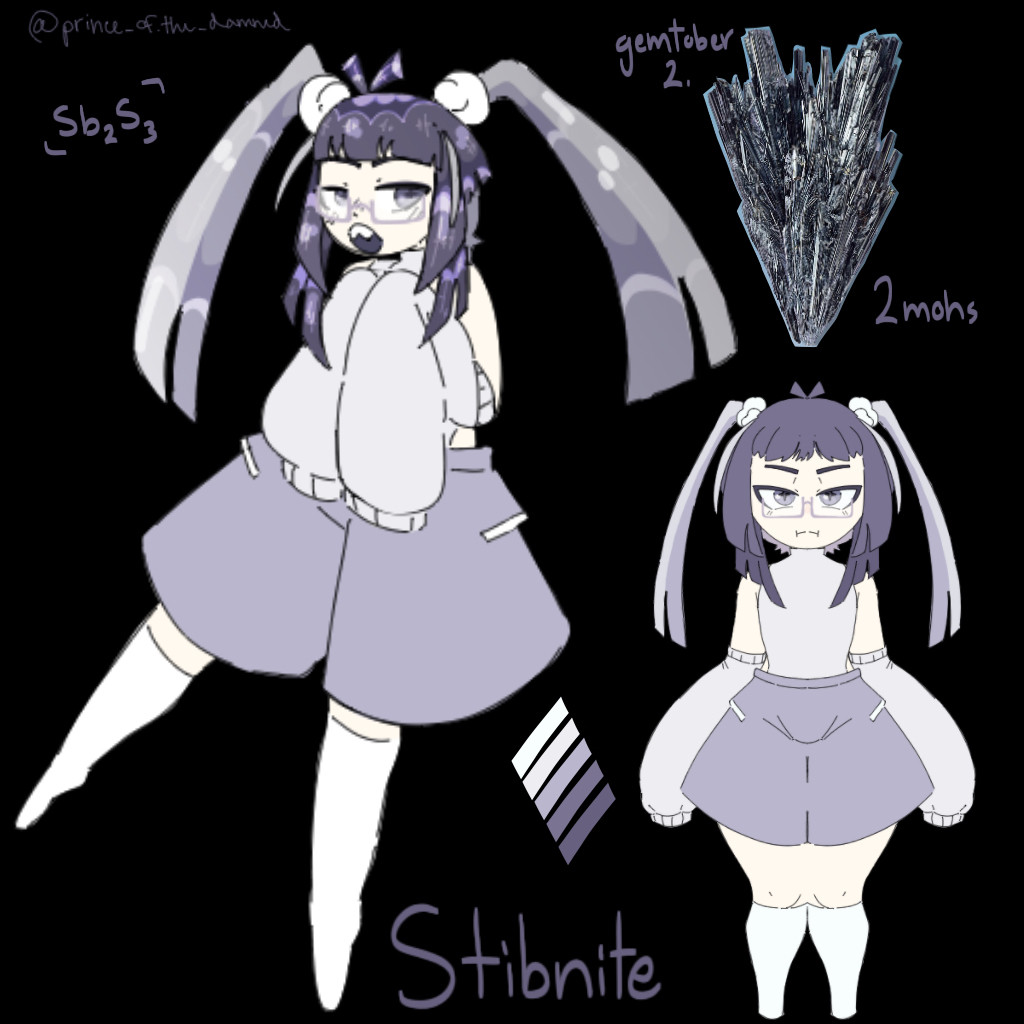 A humanoid character with grey hair tied in ponytails and choppy bangs. The gemstone the character is based on, stibnite, is in the top right corner