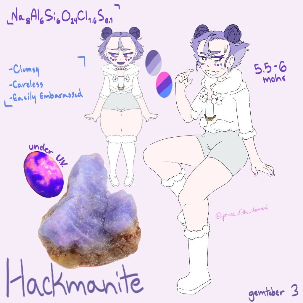 A humanoid character with short, purple hair tied into twin buns. The gemstone the character is based on, hackmanite, is shown in the bottom left corner