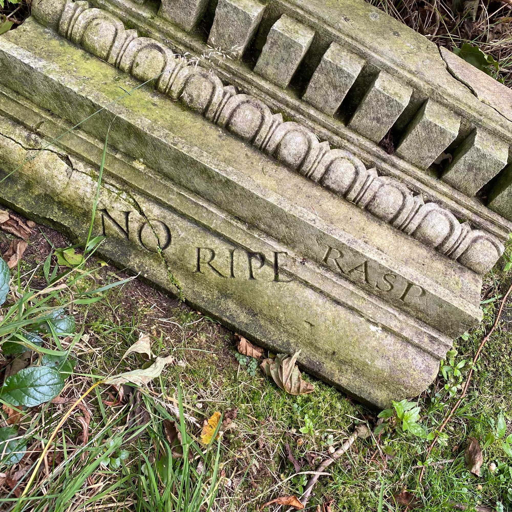 A work by  Ian Hamilton Finlay at Little Sparta in South Lanarkshire, reading "NO RIPE RASP".