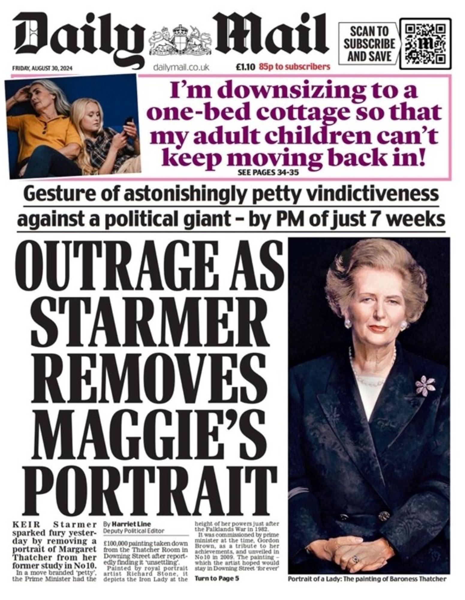 Daily Mail front page: OUTRAGE AS STARMER REMOVES MAGGIE’S PORTRAIT