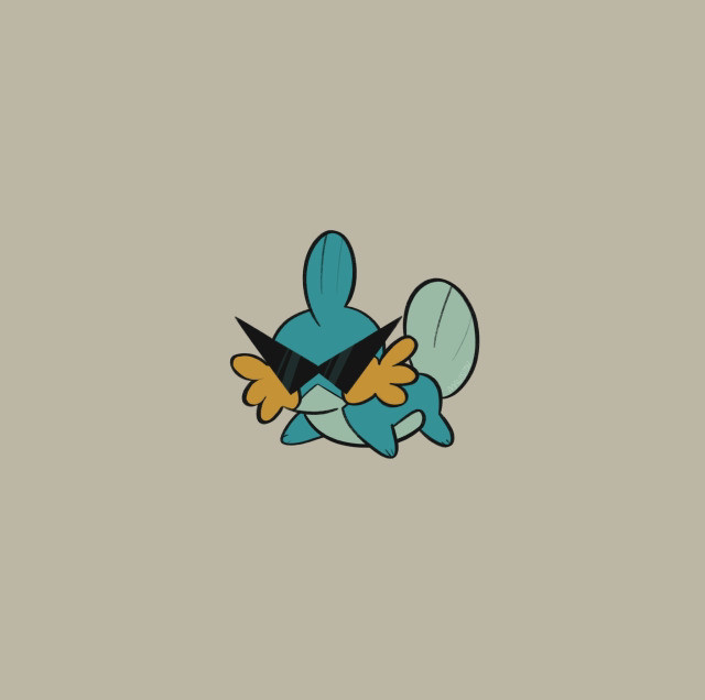 A mudkip, standing with a wide stance, wearing a pair of triangle shaped sunglasses. He means business.