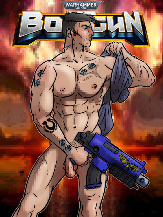 Pixelstyle coloured inkdrawing of Caedo holding his gun. Behind him is the Boltgun-logo and a very pixelated explosion. He's wearing nothing but carrying his undersuit over his shoulder.