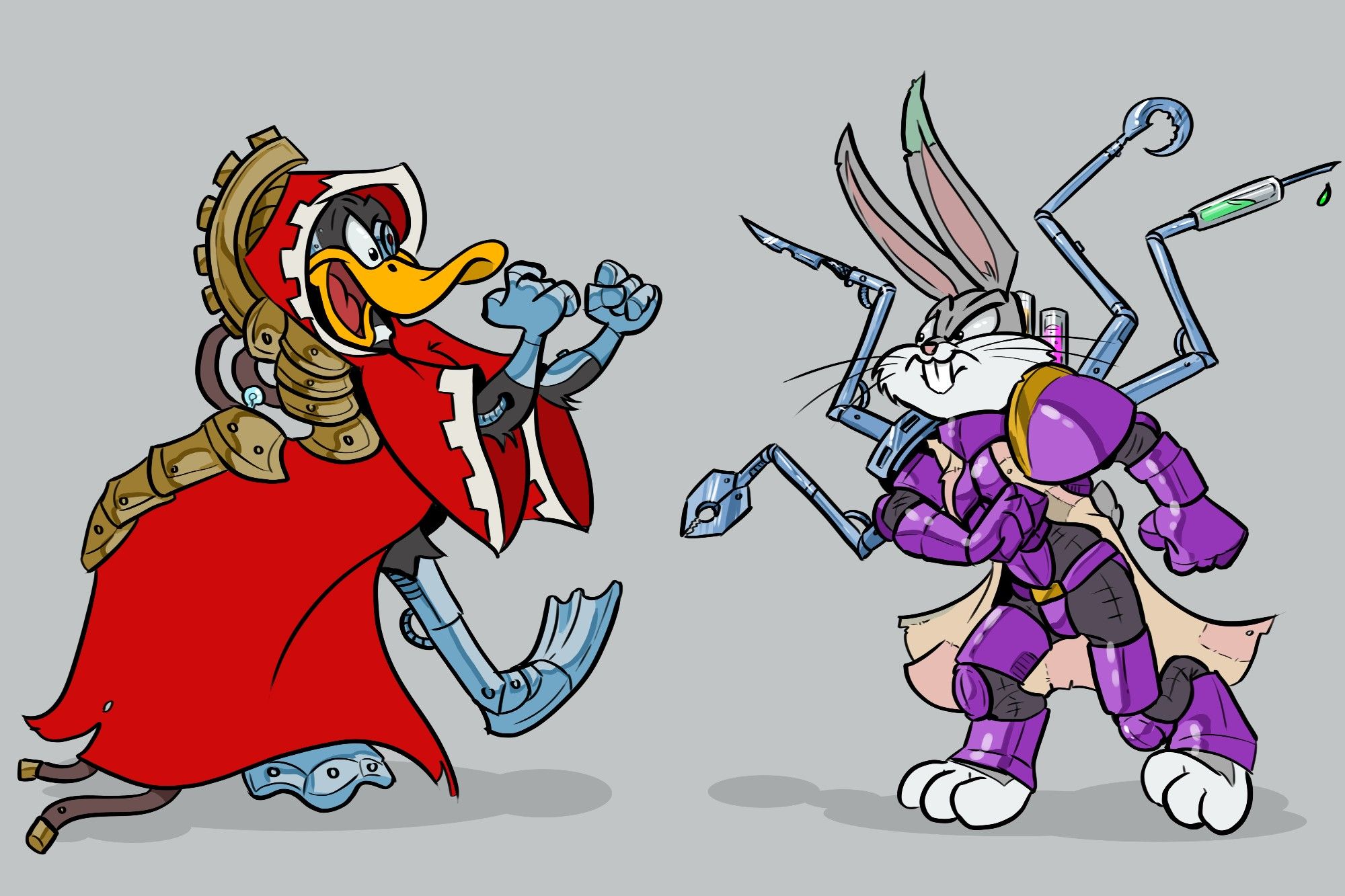 Daffy Duck dressed up as Belisarius Cawl is standing in a very aggressive, fists-raised pose in front of Bugs Bunny dressed as Fabius Bile, equally angry.