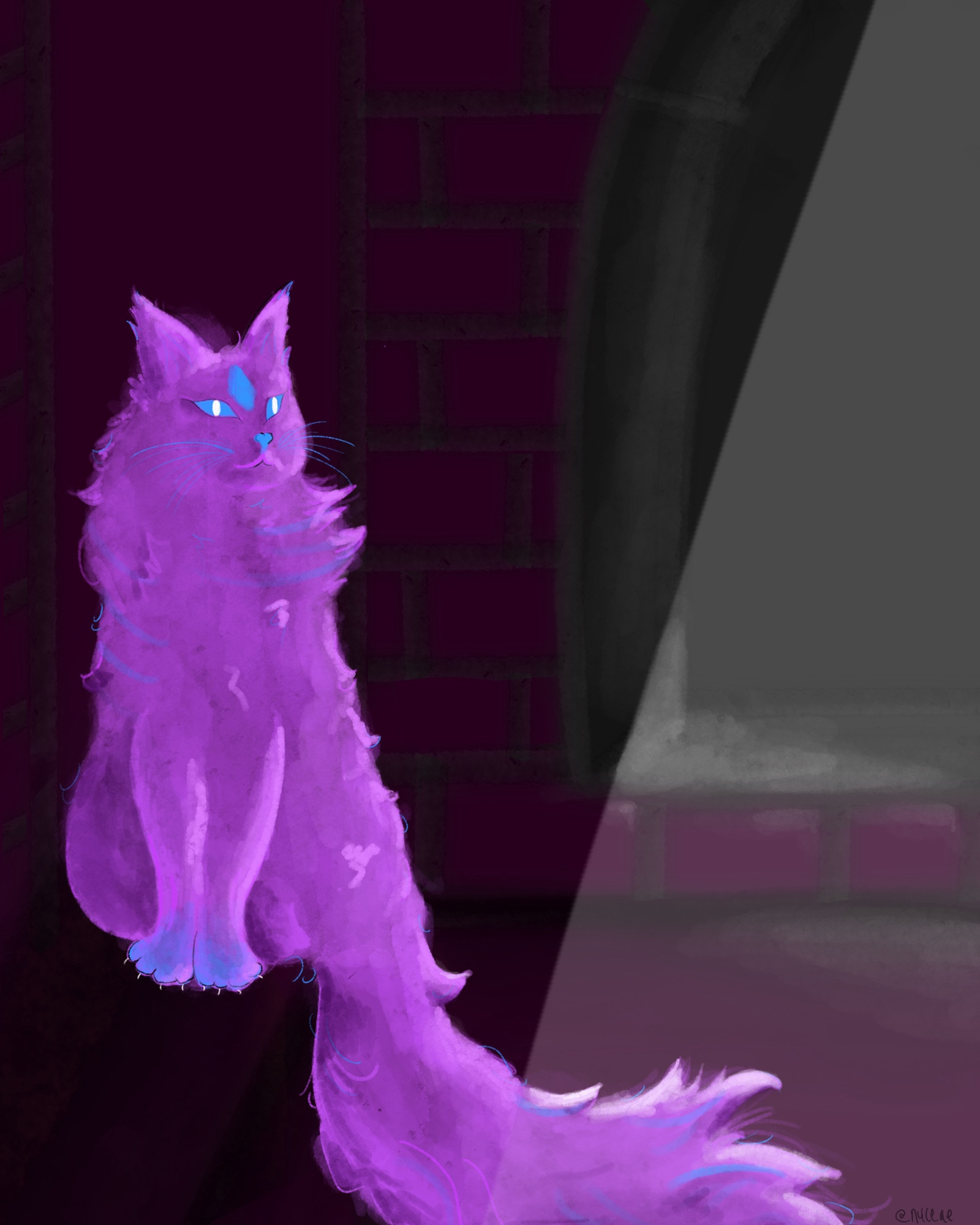 curious cat, a purple and blue cat from the show rwby is sitting on a brick wall with a light illuminating their tail. 