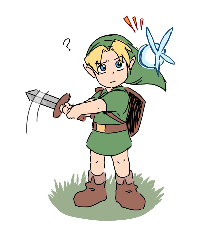 old art of young Link from the Legend of Zelda. He's haphazardly swinging the Kokiri sword while looking at Navi the fairy with mild confusion while she tries to get his attention.