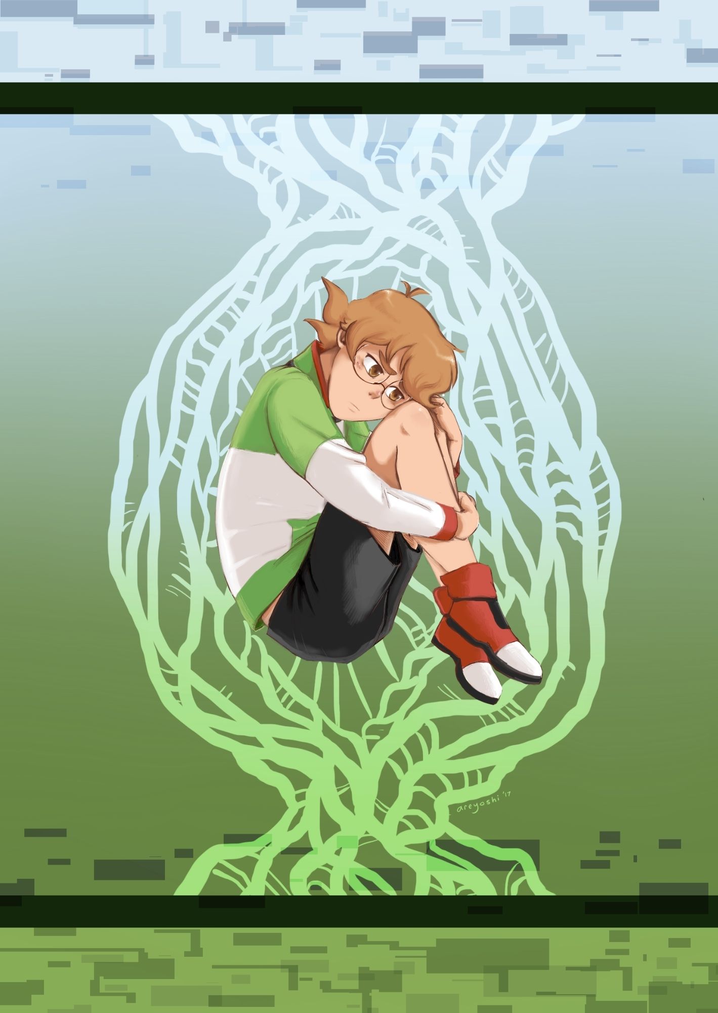 Fan art of Pidge from Voltron Legendary Defender on Netflix. Pidge is curled up and looking bereft. The green and blue background is a mix of organic and glitchy effects, with roots encircling Pidge.