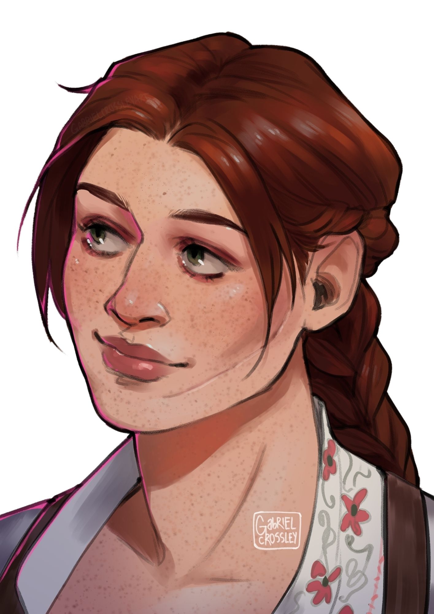 Portrait illustration of Lace Harding from Dragon Age: The Veilguard. She is looking to her right with a small smile on her face. A She is wearing her casual clothes.