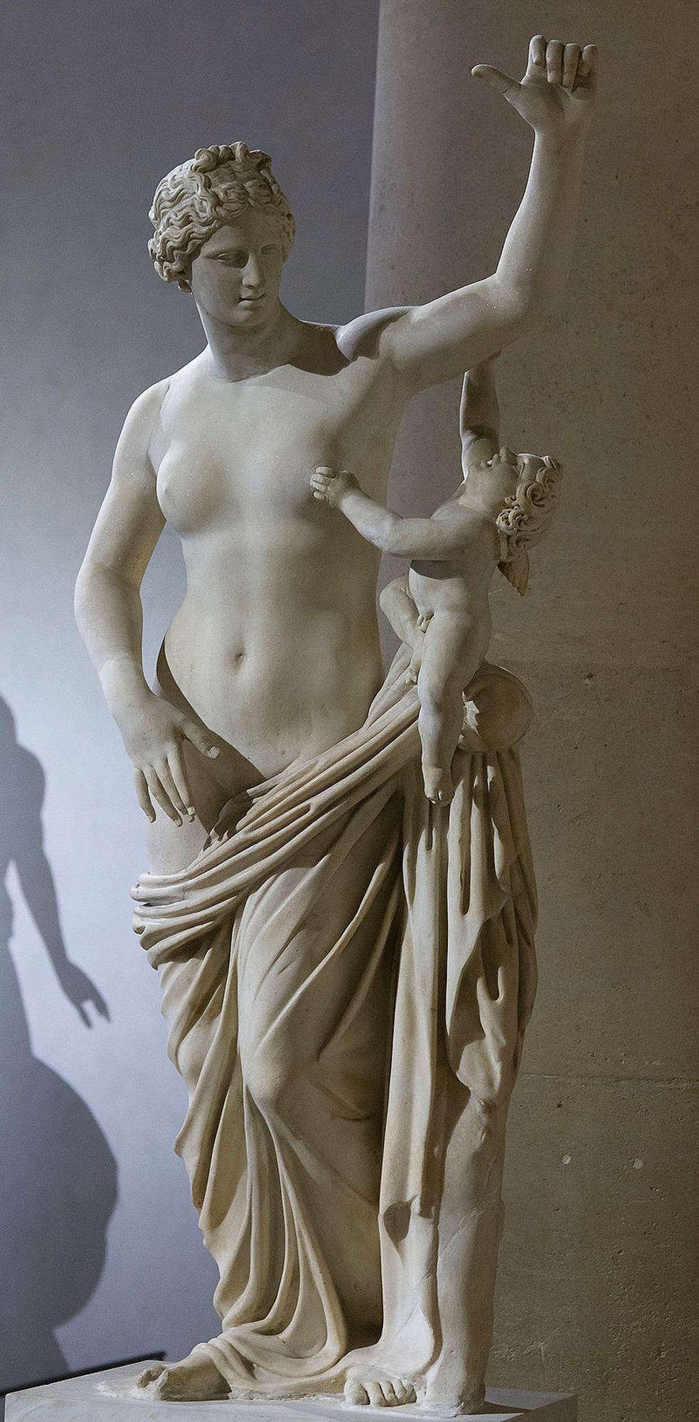 Object
Venus and Cupid  wikidata:Q112288028 reasonator:Q112288028
Title
Venus and Cupid
image of artwork listed in title parameter on this page
Object type
sculpture Edit this at Wikidata
Medium
marble Edit this at Wikidata
Dimensions
height: 187 cm (73.6 in) Edit this at Wikidata; width: 80 cm (31.4 in) Edit this at Wikidata; thickness: 42.5 cm (16.7 in) Edit this at Wikidata
Collection
Louvre Museum   wikidata:Q19675  (Inventory)
Current location
Department of Greek, Etruscan, and Roman Antiquities of the Louvre
salle du Manège
Accession number
MR 386 (Department of Greek, Etruscan, and Roman Antiquities of the Louvre) Edit this at Wikidata
Place of creation