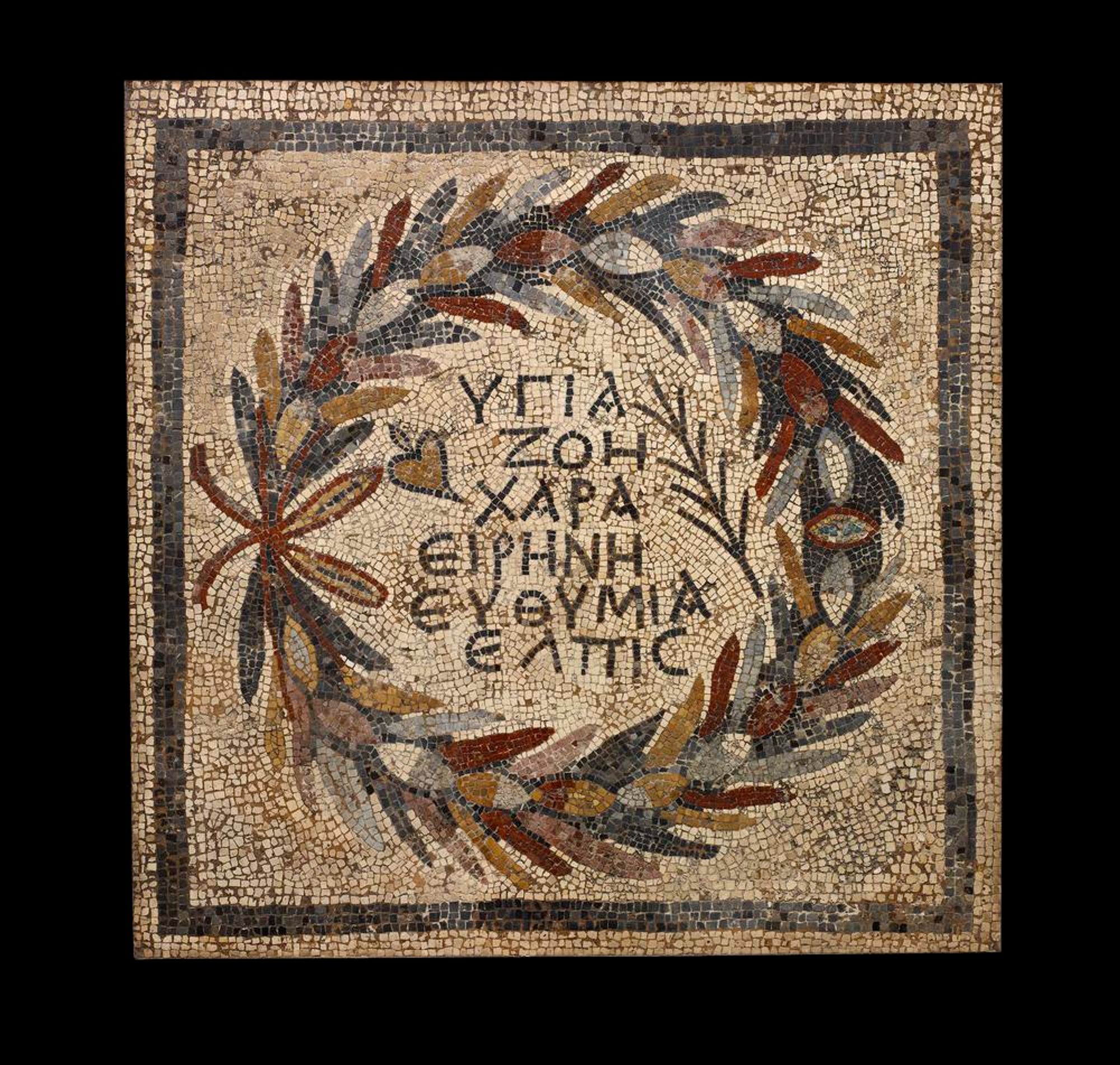 mosaic
Object Type
mosaic
Museum number
1857,1220.434
Description
Stone mosaic; square black border containing a laurel wreath; in the centre is a Greek inscription in black letters; in the field a black sprig and an ochre ivy leaf outlined in black.
Cultures/periods
Late Roman
Production date
4thC
Excavator/field collector
Excavated by: Sir Charles Thomas Newton
Findspot
Excavated/Findspot: Hadji Captan's Field (Halicarnassus)
Asia: Turkey: Aegean Region (Turkey): Caria (historic): Bodrum: Hadji Captan's Field (Halicarnassus)
Materials
stone
Technique
mosaic
Dimensions
Height: Height: 1.14 metres
Width: Width: 1.14 metres
Inscriptions
Inscription type: inscription
Inscription language: Greek
Inscription translation: Health, Life, Joy, Peace, Good Cheer, Hope.
Bibliographic references
Mosaic / Catalogue of the Greek, Etruscan & Roman Paintings and Mosaics in the British Museum: Mosaics (55A)
Location
Not on display
Acquisition name
From: Sir Charles Thomas Newton
Acquisition date
1857