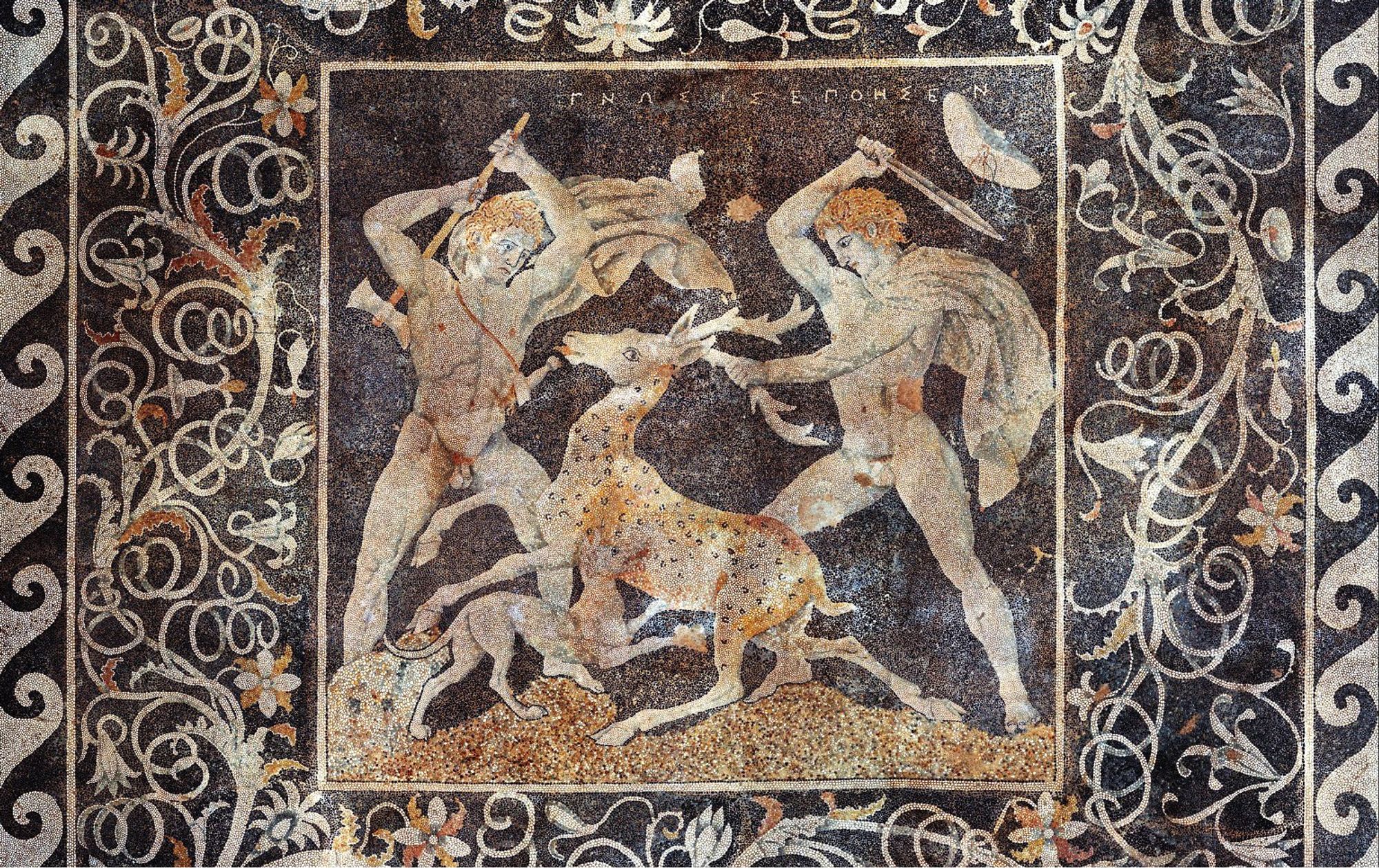 Stag hunt mosaic, Pella, Greece.
Français : Mosaïque de la chasse au cerf, Pella, Grèce.
The figure on the right is possibly Alexander the Great due to the date of the mosaic along with the depicted upsweep of his centrally-parted hair (anastole); the figure on the left wielding a double-edged axe (associated with Hephaistos) is perhaps Hephaestion, one of Alexander's loyal companions. For further infromation, see Chugg, Andrew (2006). Alexander's Lovers. Raleigh, N.C.: Lulu. ISBN 978-1-4116-9960-1, pp 78-79.