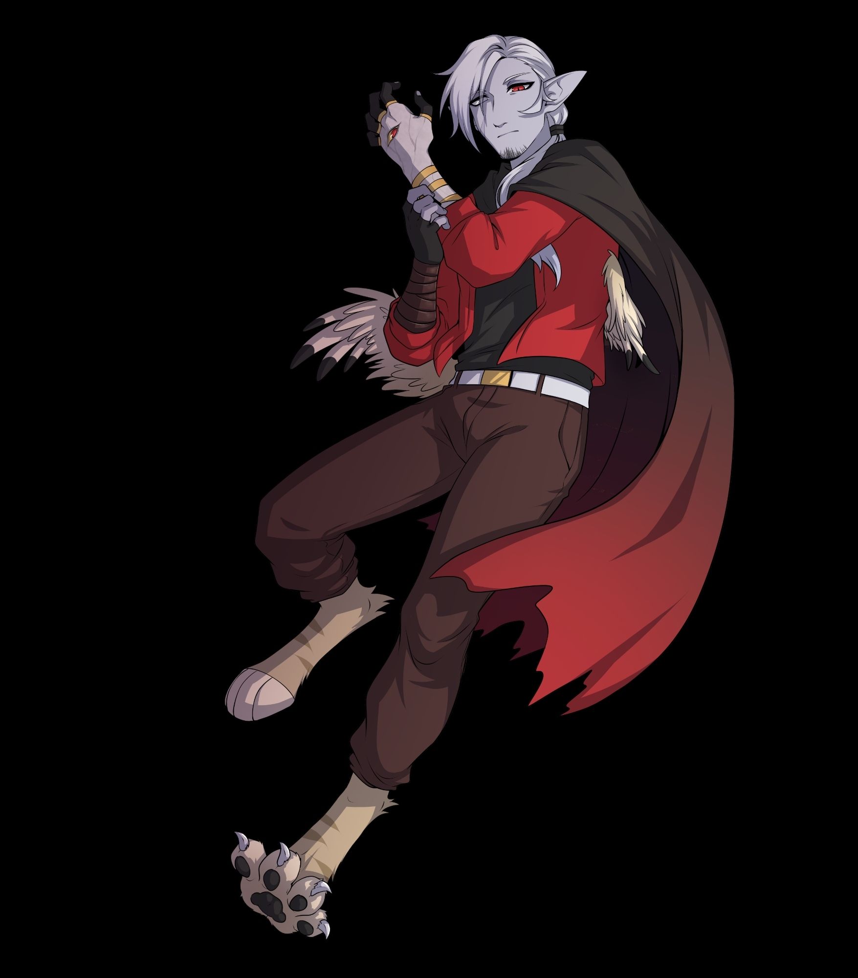 Character art of a changeling. He has long white hair pulled into a ponytail and a slight beard. He wears a red bomber jacket and a cape. His left arm has an eye on the back of it and has a black, white and gold marble texture. He has underdeveloped owlin wings, his left eye is a red tiefling eye, and his legs are that of a tabaxi.