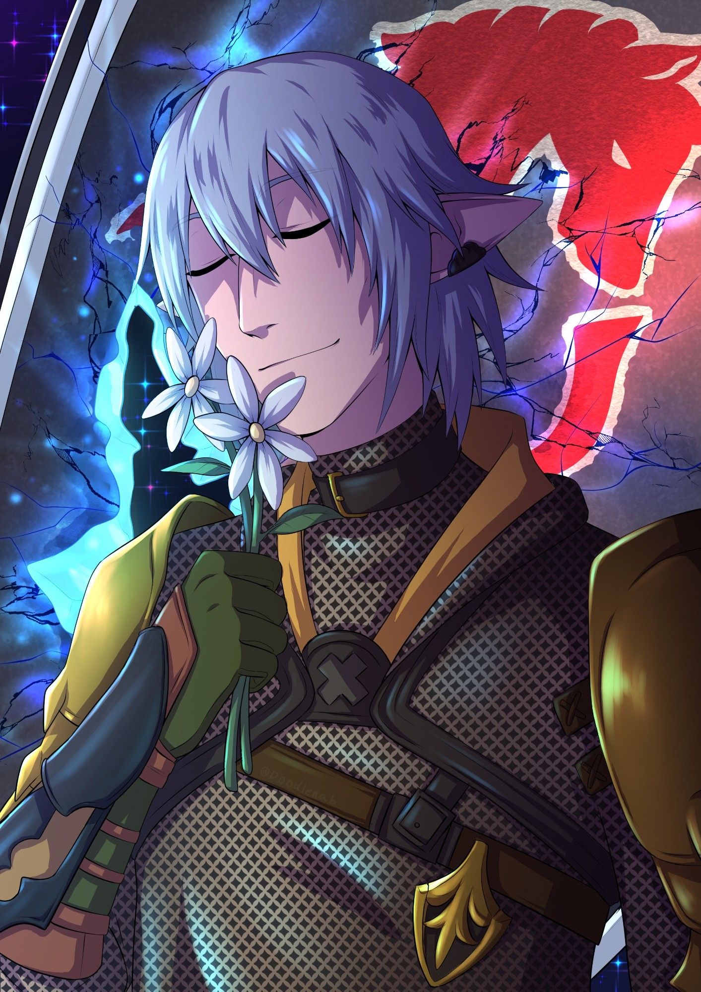 Fanart of Haurchefant from Final Fantasy 14. He is a tall elven man with slightly long grey hair. He wears the Ishgardian temple knight armour. There is a black earring on his left ear. He's smiling with closed eyes, holding the same flowers that can be found at his grave. The backdrop is of his broken shield, still glowing.