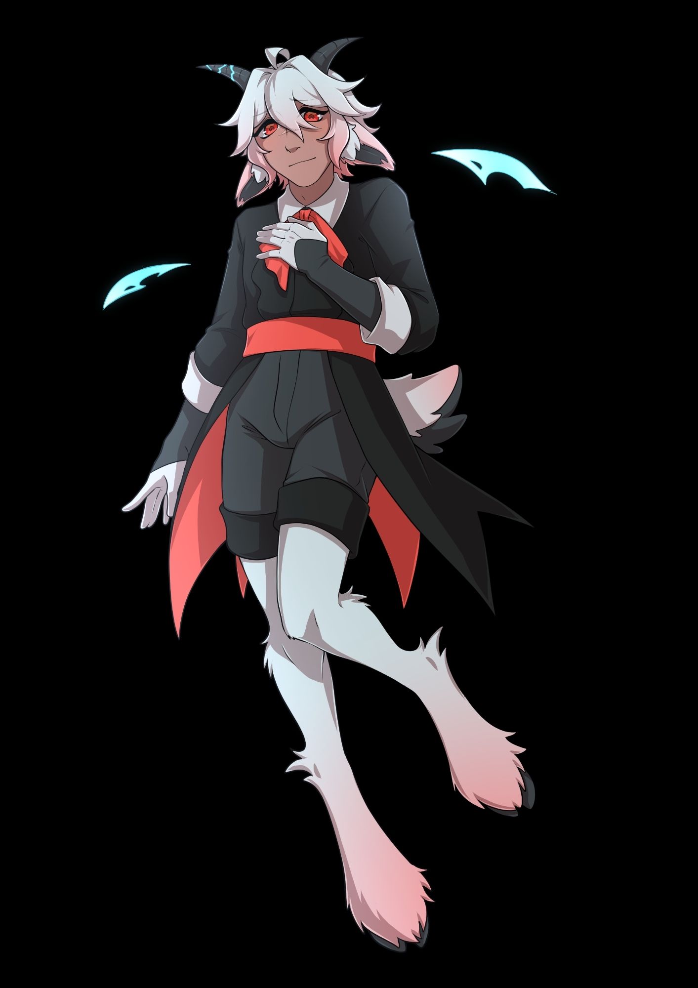 Character art of a satyr with white and pink fluffy fur. He has a warm light brown skin tone. He has bright red eyes with upside down heart shaped pupils and thick lashes. He has black horns and hooves, with one of his horns looking cracked and held together with bright blue energy that resembles kintsugi. He wears black clothes reminiscent of ouji lolita, with red highlight pieces in a bow, belt, and the inside of his tailcoats. He also wears black and white skin tight gloves. Floating beside him are two glowing blue psyche knives.