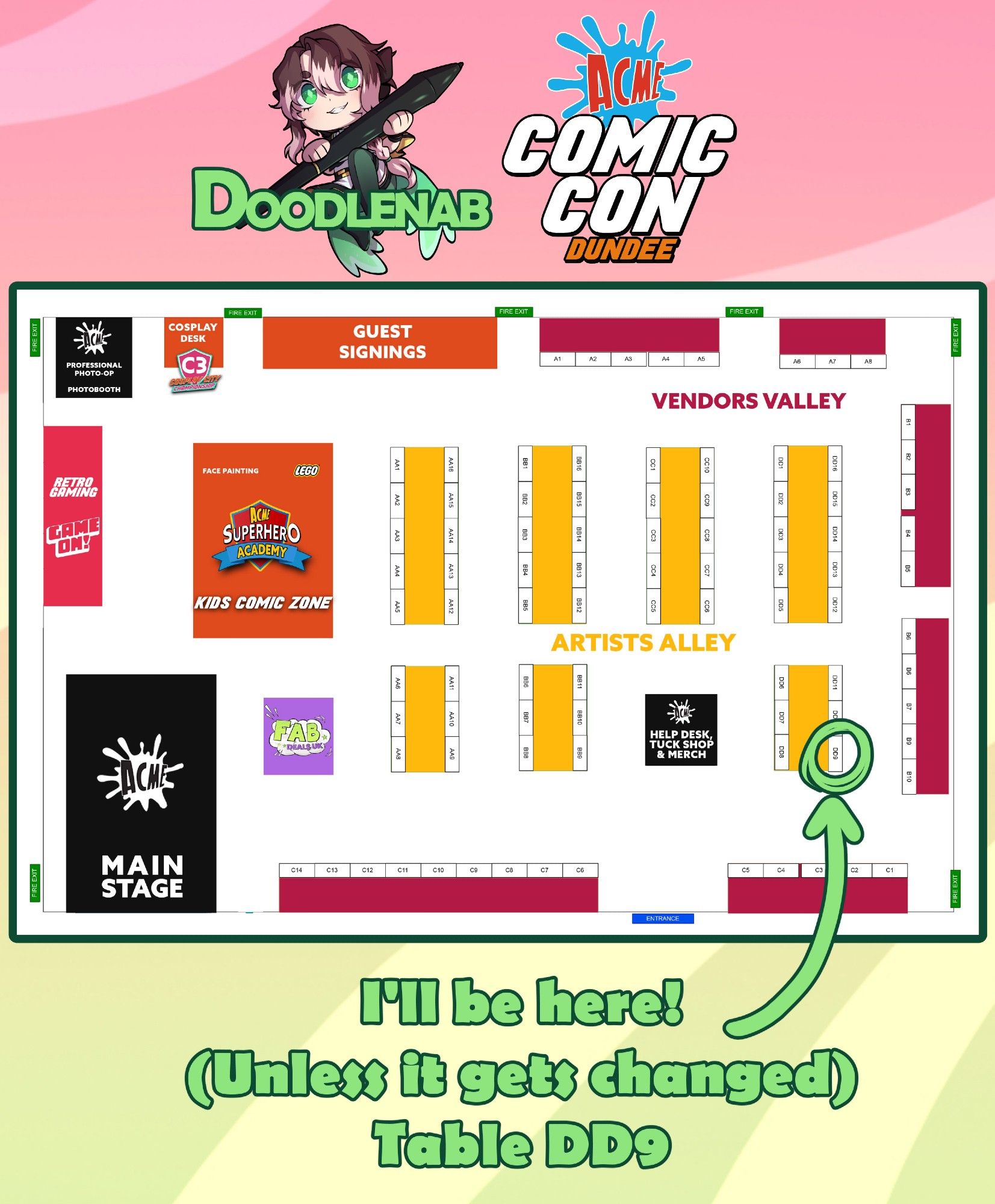 The convention's layout, with the table pointed out being Table DD9.