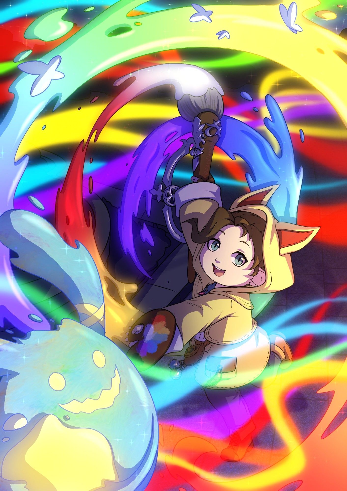 Fanart of Krile from FFXIV, specifically as a pictomancer. She is a lalafell, a small dwarf-like person with soft childish features. She wears a yellow jacket with cat ears on the hood. She's posed mid spin, looking at the camera as she waves a colourful rainbow of paint around her, bright against the night time background. There's a painted spriggan in front of her among the swirl of colours.