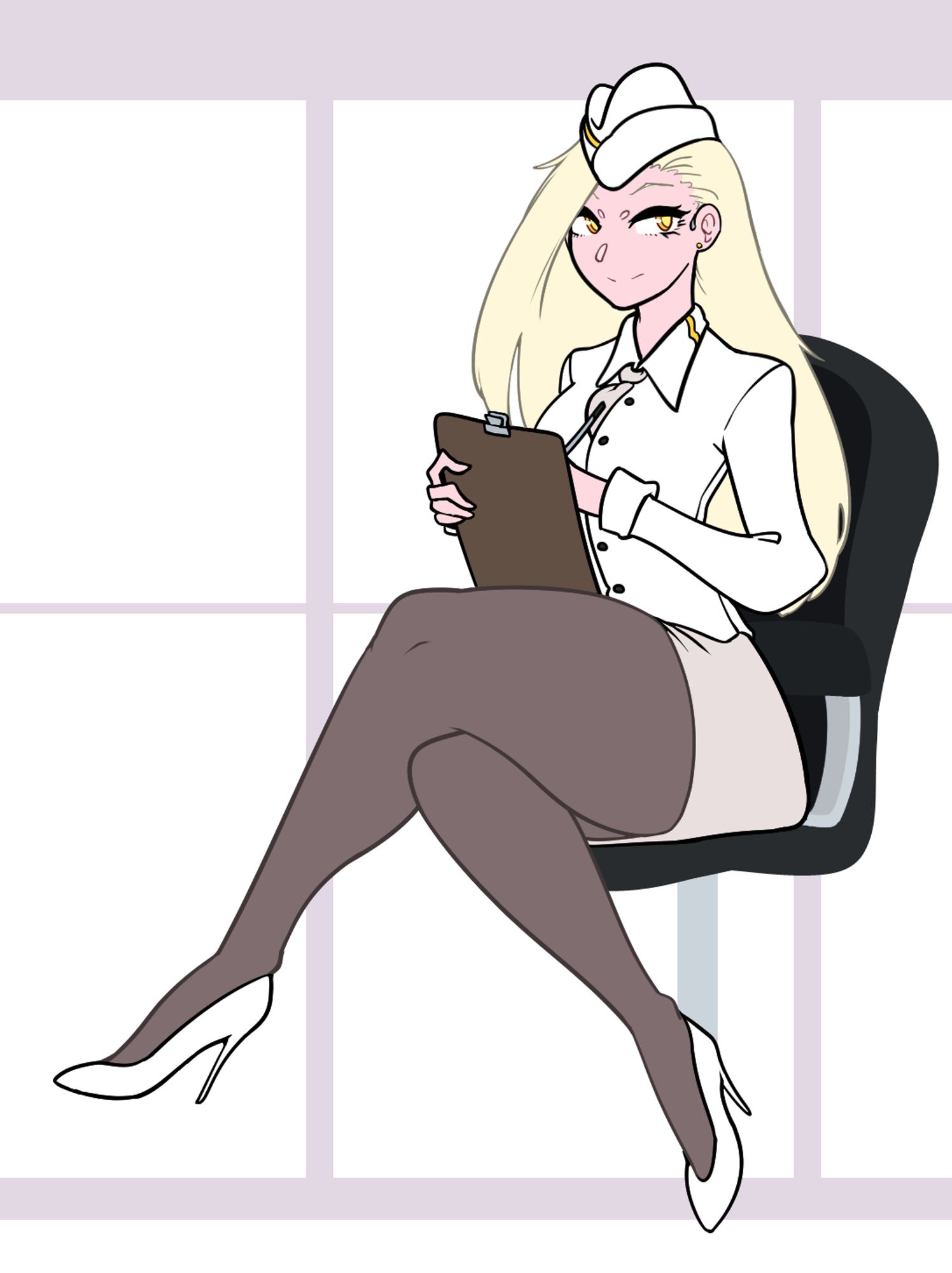 A blonde woman dressed in a plain white uniform with a garrison hat, thighighs and heels. She's sitting on a chair and holding a clipboard.