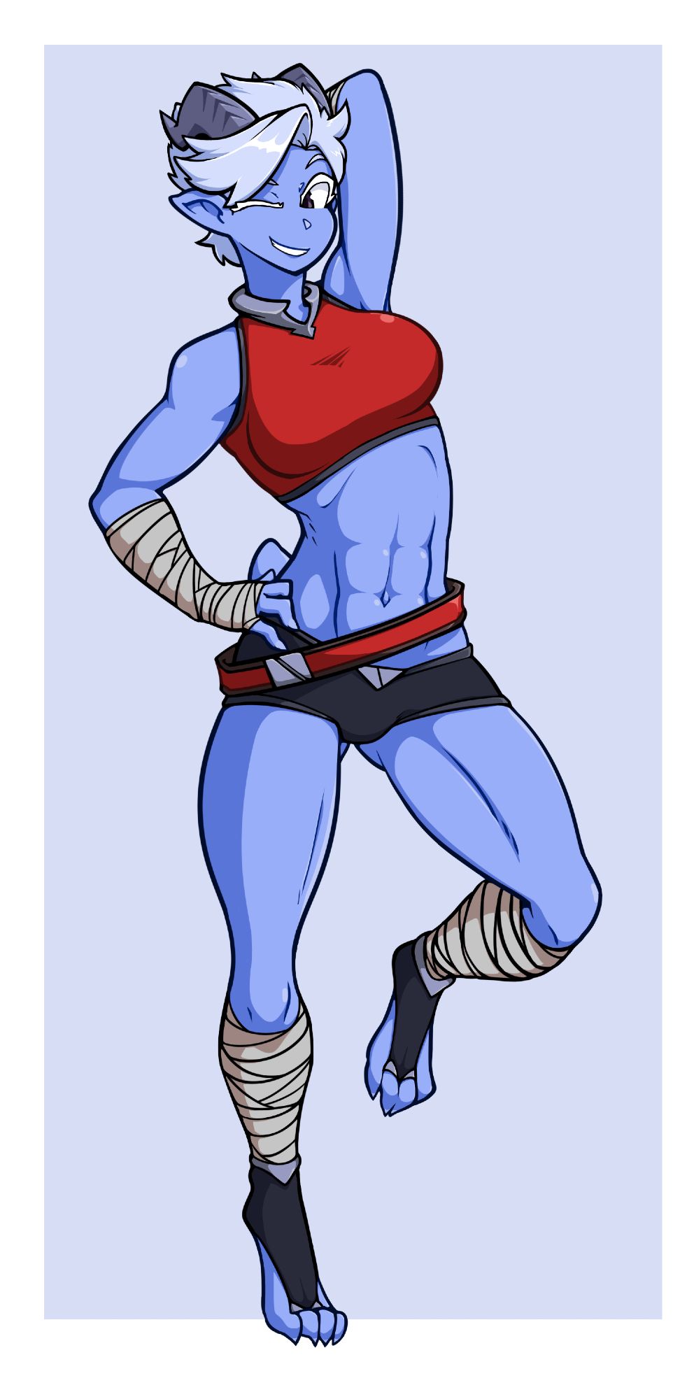 A toned woman demonic features striking a pose. She has blue skin and white hair, pointy ears, a pair of horns, and a tail nub. Her hands have 3 fingers and a thumb, and her feet have 4 toes each. She's wearing a red sports bra, black short shorts, a loose belt and wrappings around her arms and shins.