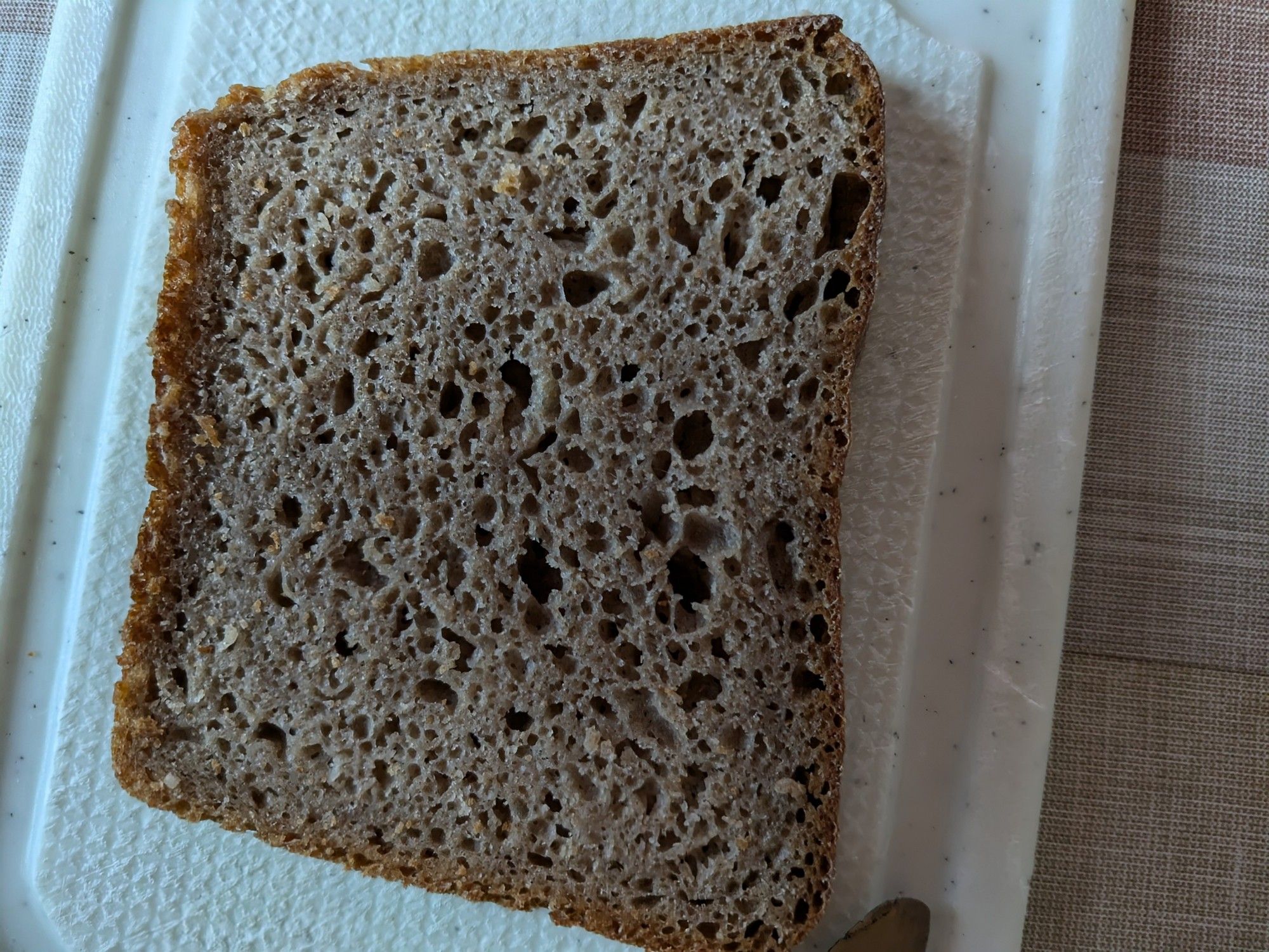 Eine Scheibe selbstgebackenes Roggenmischbrot.