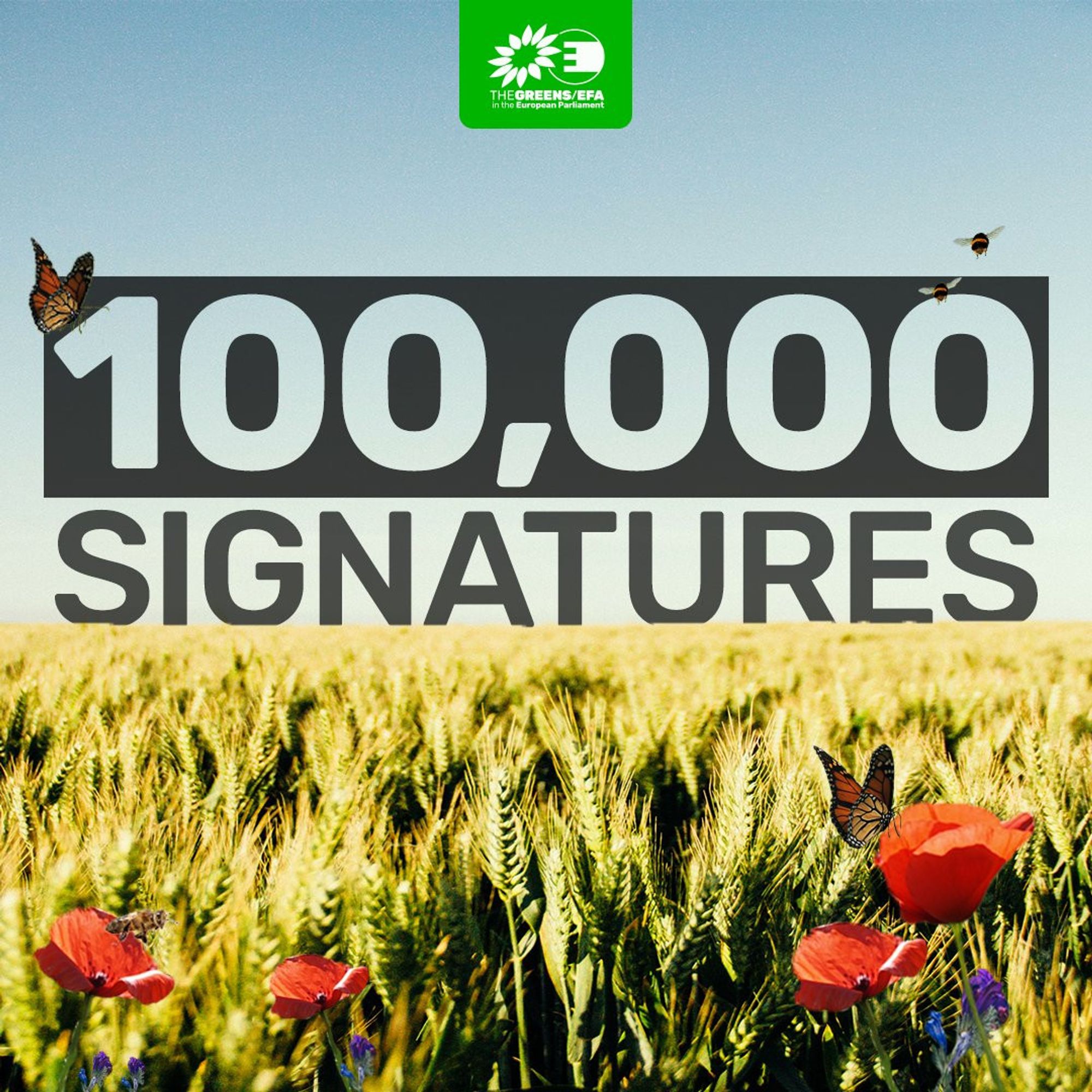 Image d'un champ de blé avec des coquelicots et des papillons.
Texte : 100 000 signatures