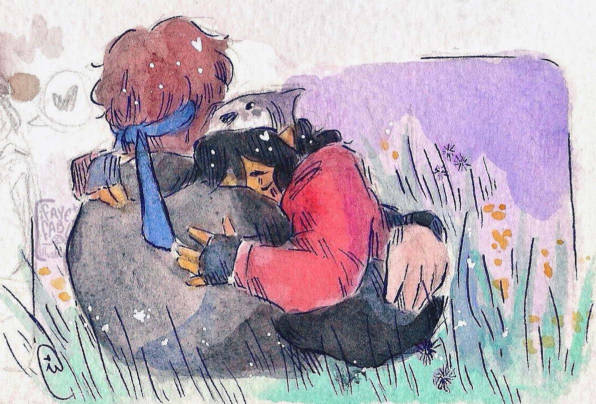 Watercolor sketch of Roier (back view) and Leo hugging in a field of grass and yellow flowers with a soft purple background 