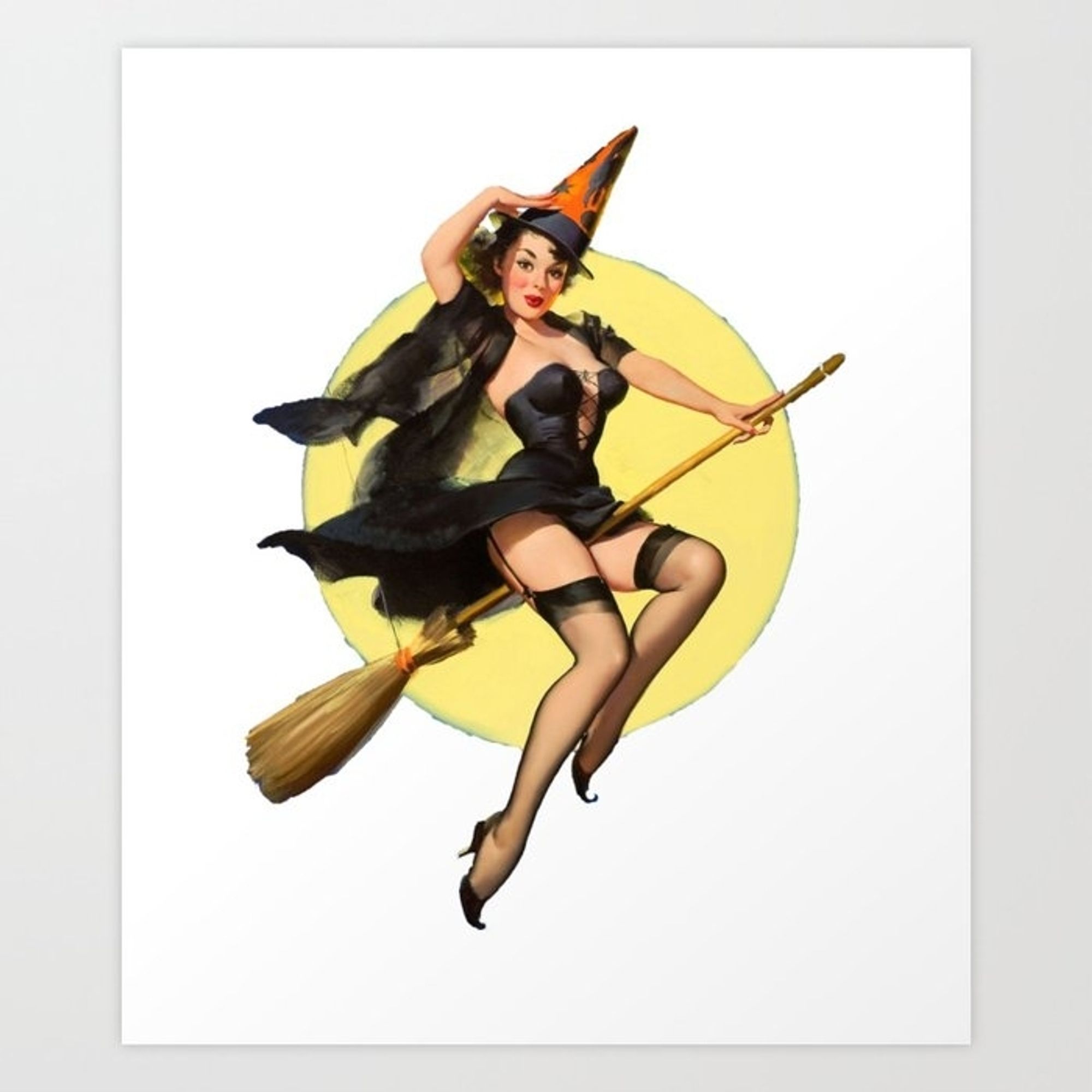 Halloween pinup, woman on a broom in front of the moon