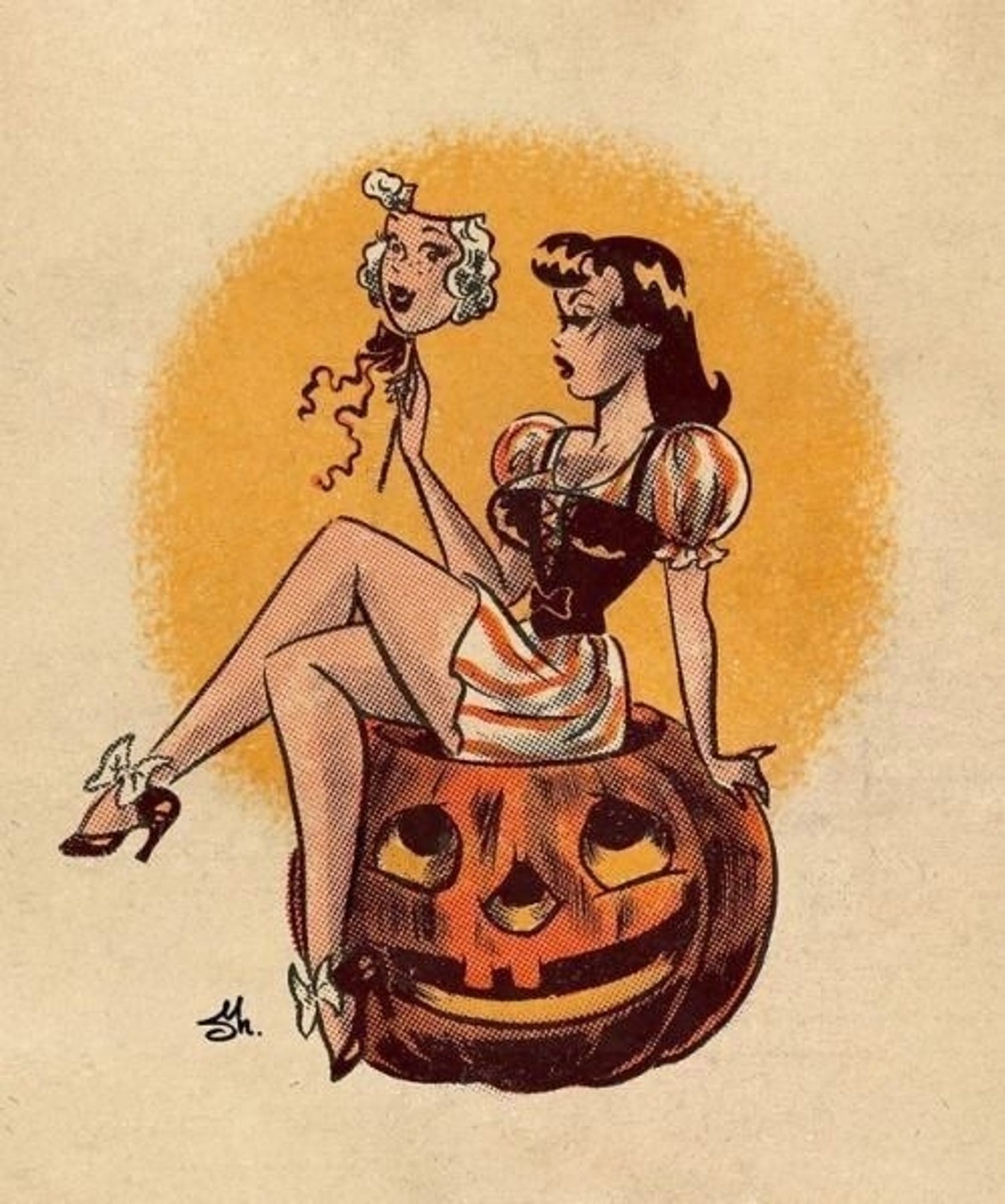 Halloween pinup, woman holding a mask, sitting on a large jack o'lantern.