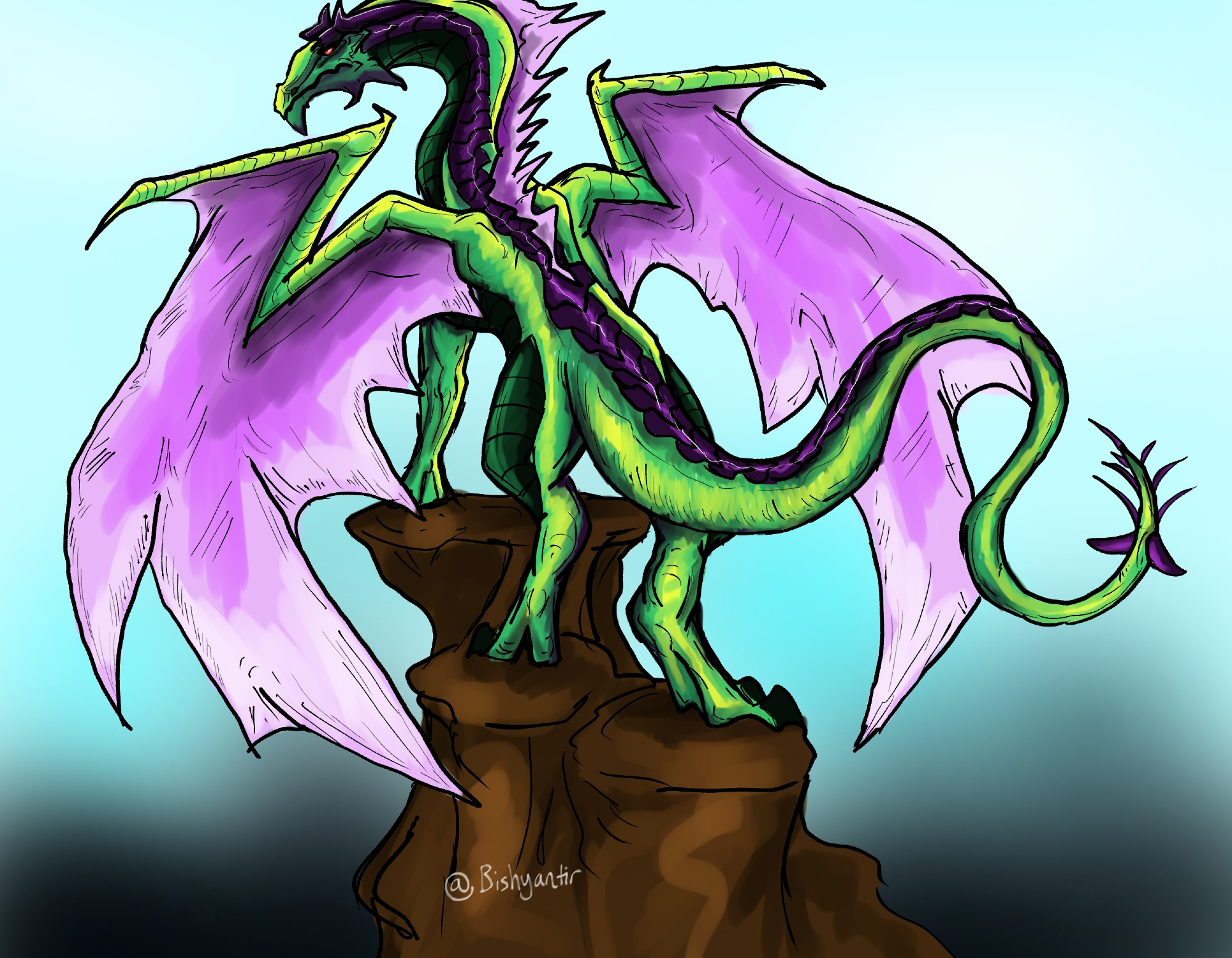 A green and purple dragon standing on a rocky outcropping, facing away from the camera with wings spread.