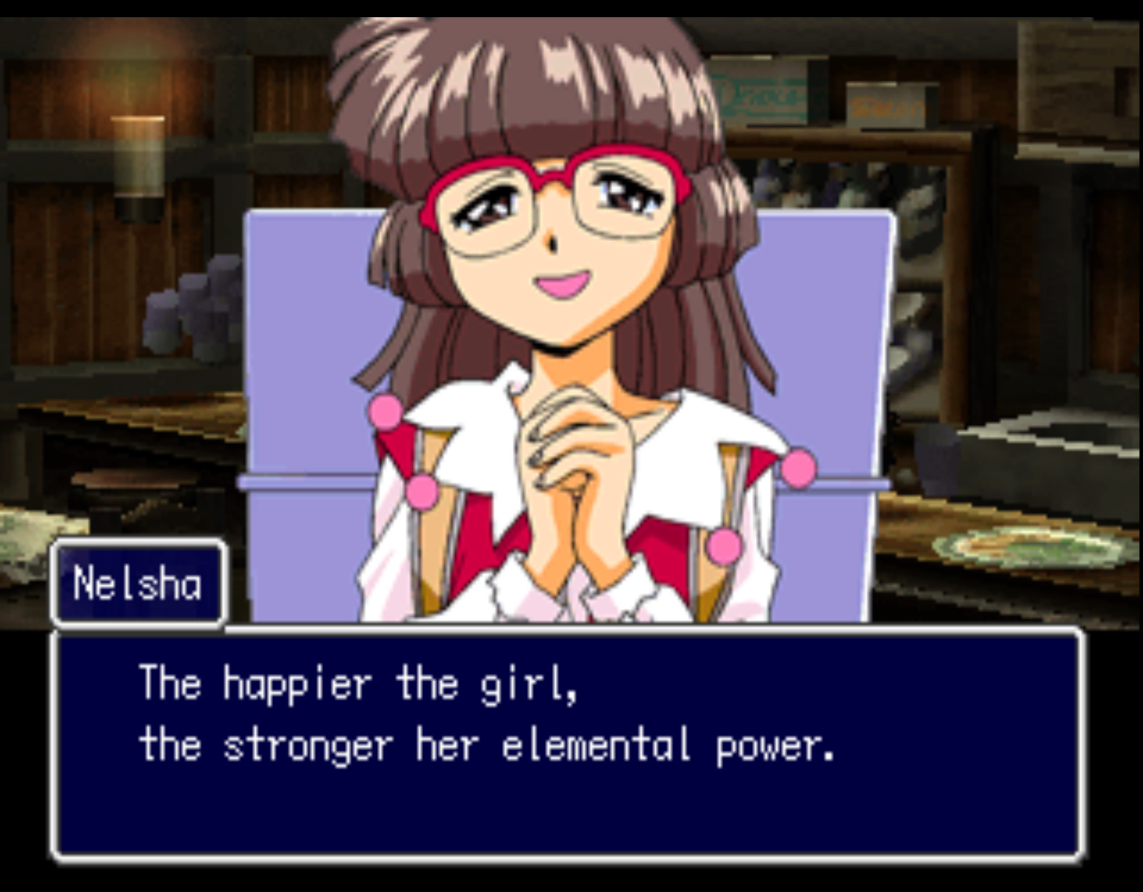 Screenshot of Thousand Arms for the PS1 of Nelsha, a cute glasses girl, with her arms clasped, saying "The happier the girl, the stronger her elemental power."