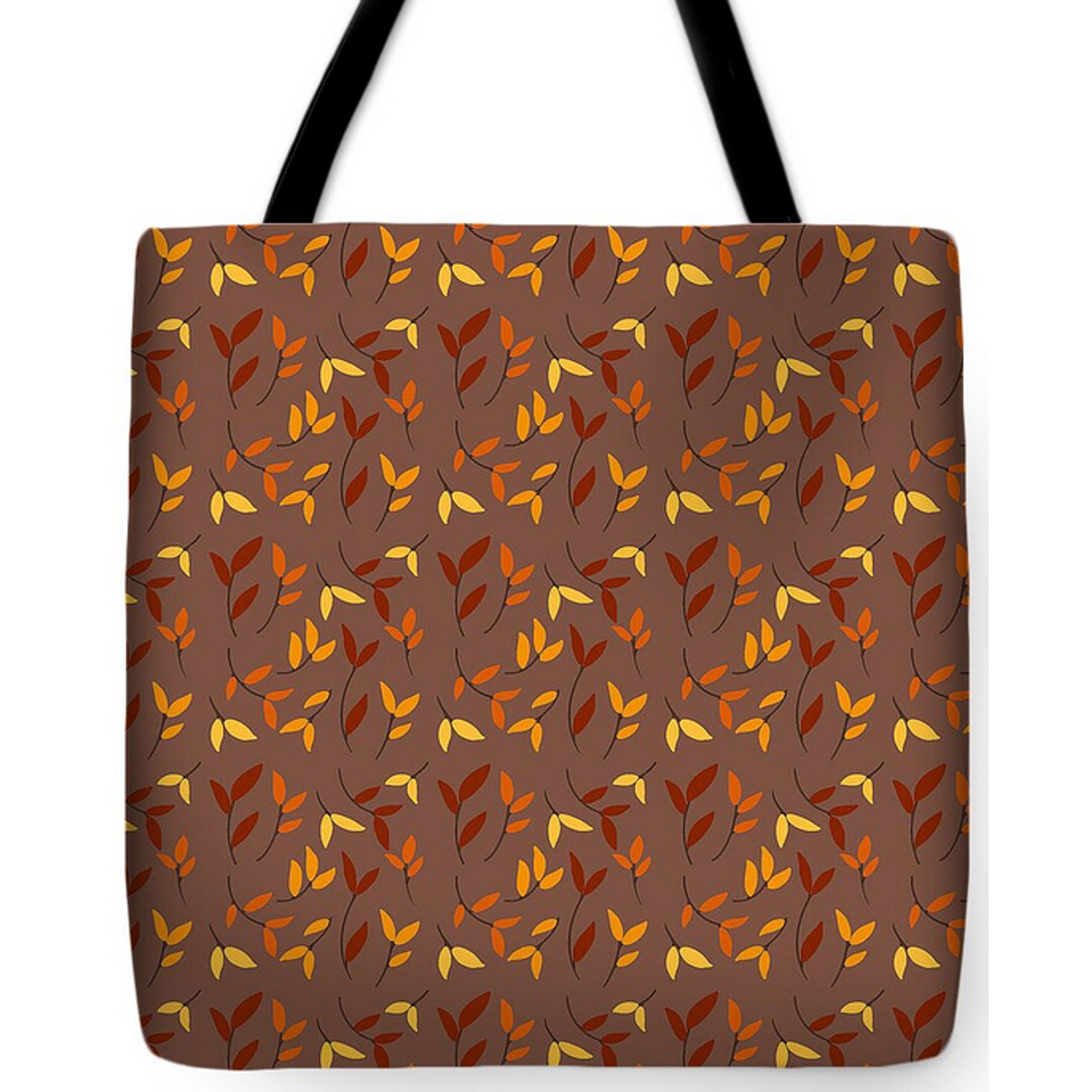 A falling leaf surface pattern design in Autumnal colors on a tote bag.