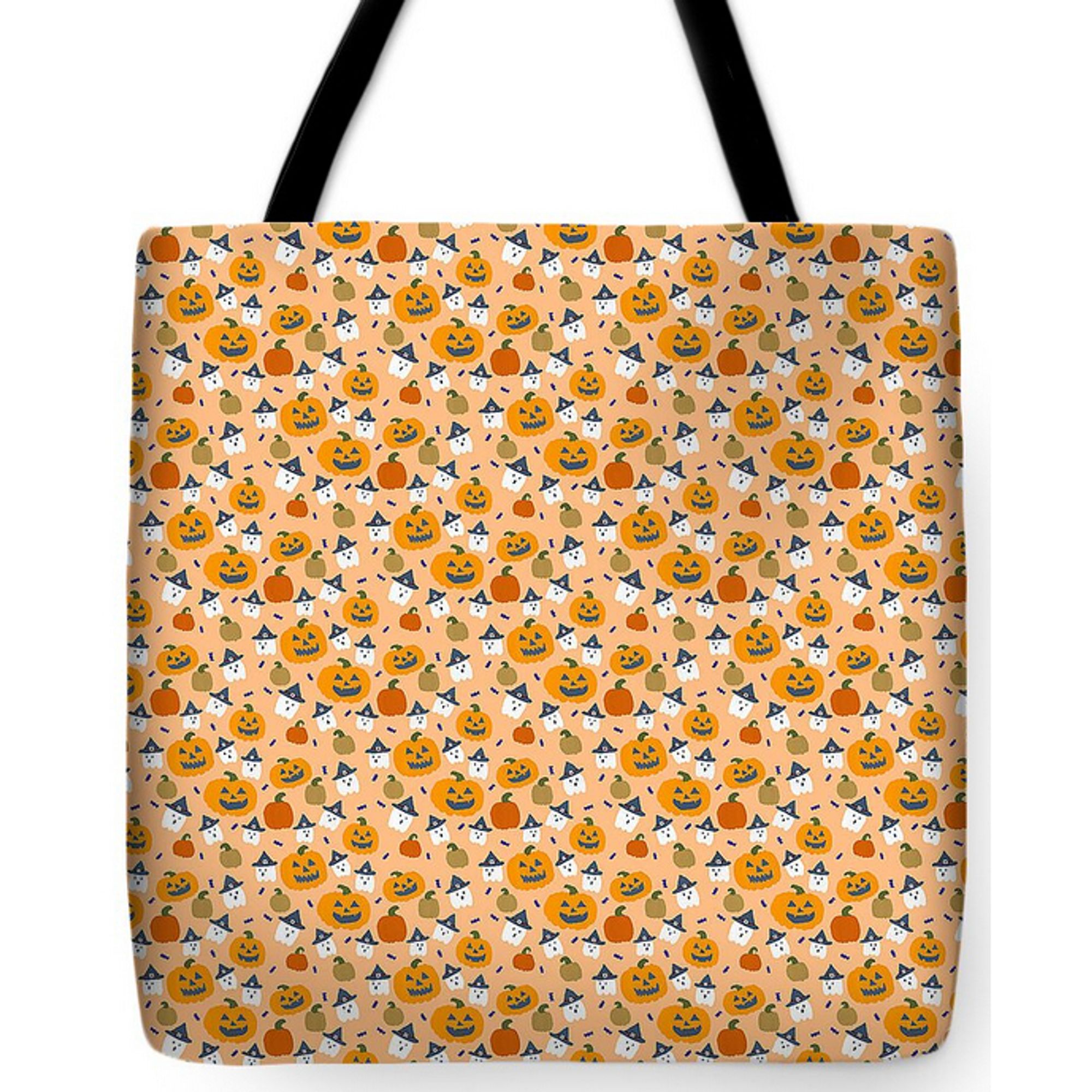 Ghosts in the pumpkin patch pattern on a tote bag.