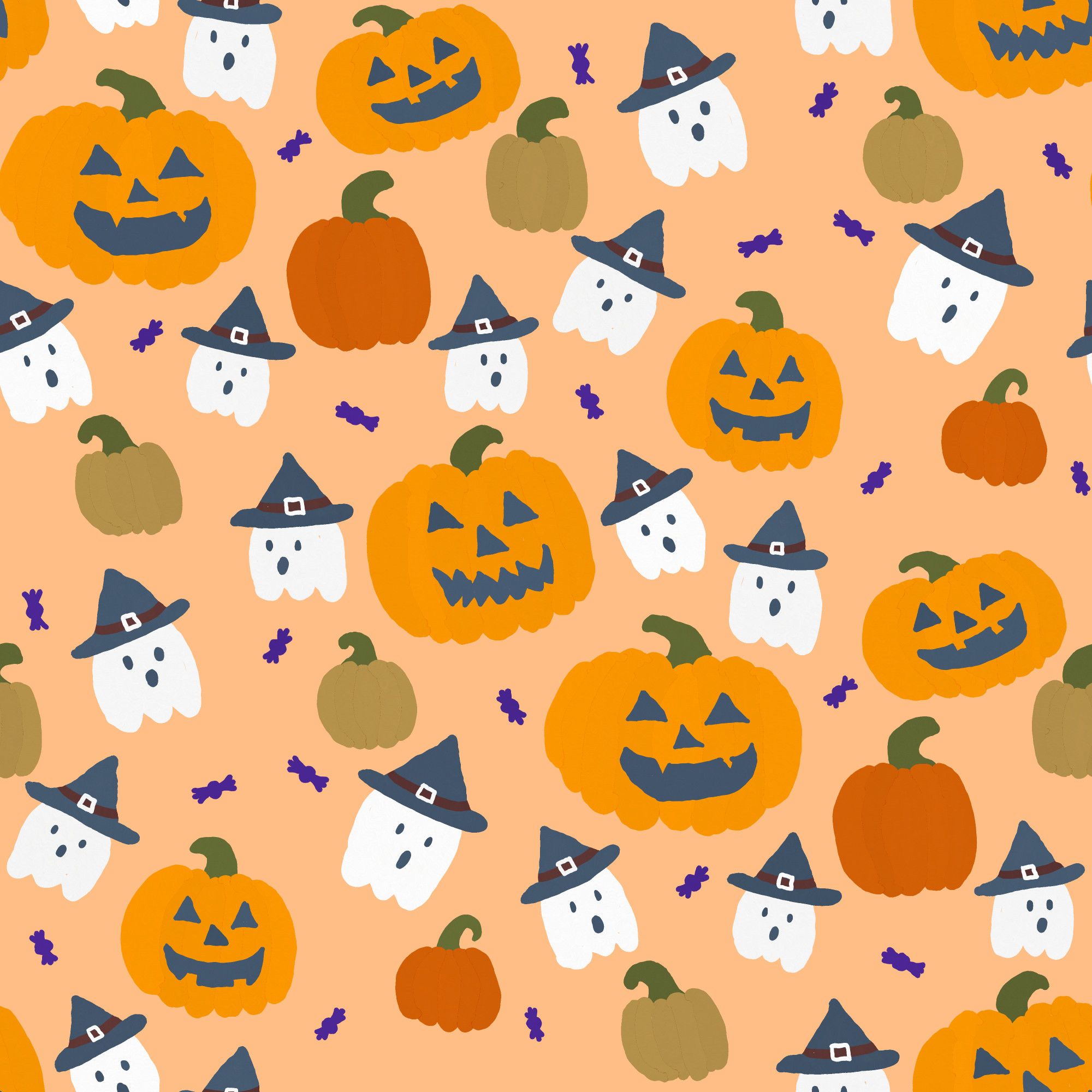 A surface pattern square of Halloween ghosts in a pumpkin patch.