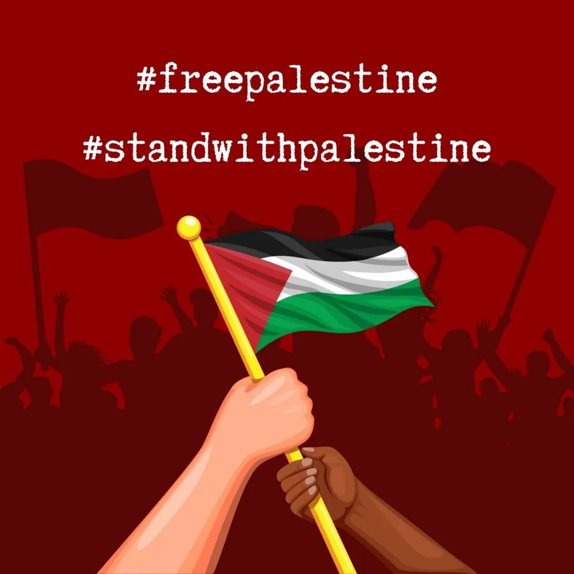 Instagram post

#freepalestine

#standwithpalestine

Red background with silhouette of protestors and two hands holding the palestine flag at the front.