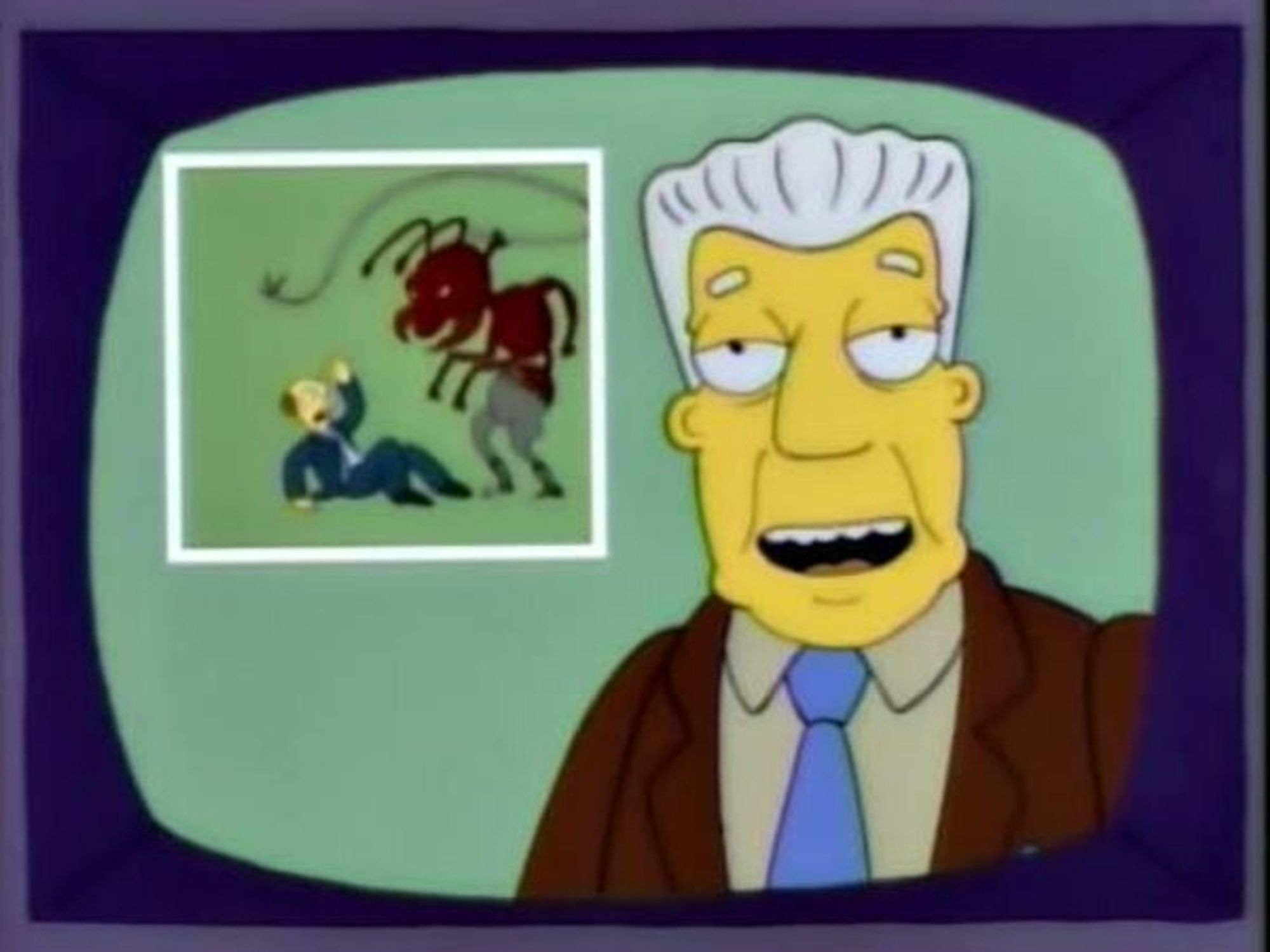 an image of "The Simpsons," specifically Kent Brockman's infamous bit where, upon the most cursory analysis of NASA footage of a broken ant colony in a space shuttle, Kent immediately determines the crew has been taken over-- conquered, if you will-- by a master race of giant space ants. And he says that he welcomes our new insect overlords, the graphic over his right shoulder displaying a hasty illustration of a slavemaster ant on its rear legs whipping a businessman.