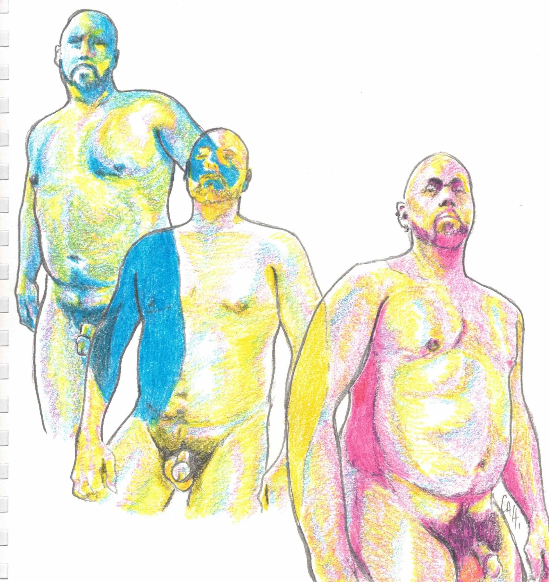 My drawing of three different poses of a nude man. Each figure has a main colour utilized with highlights of the other two figures mixed in: Blue, Yellow, Pink