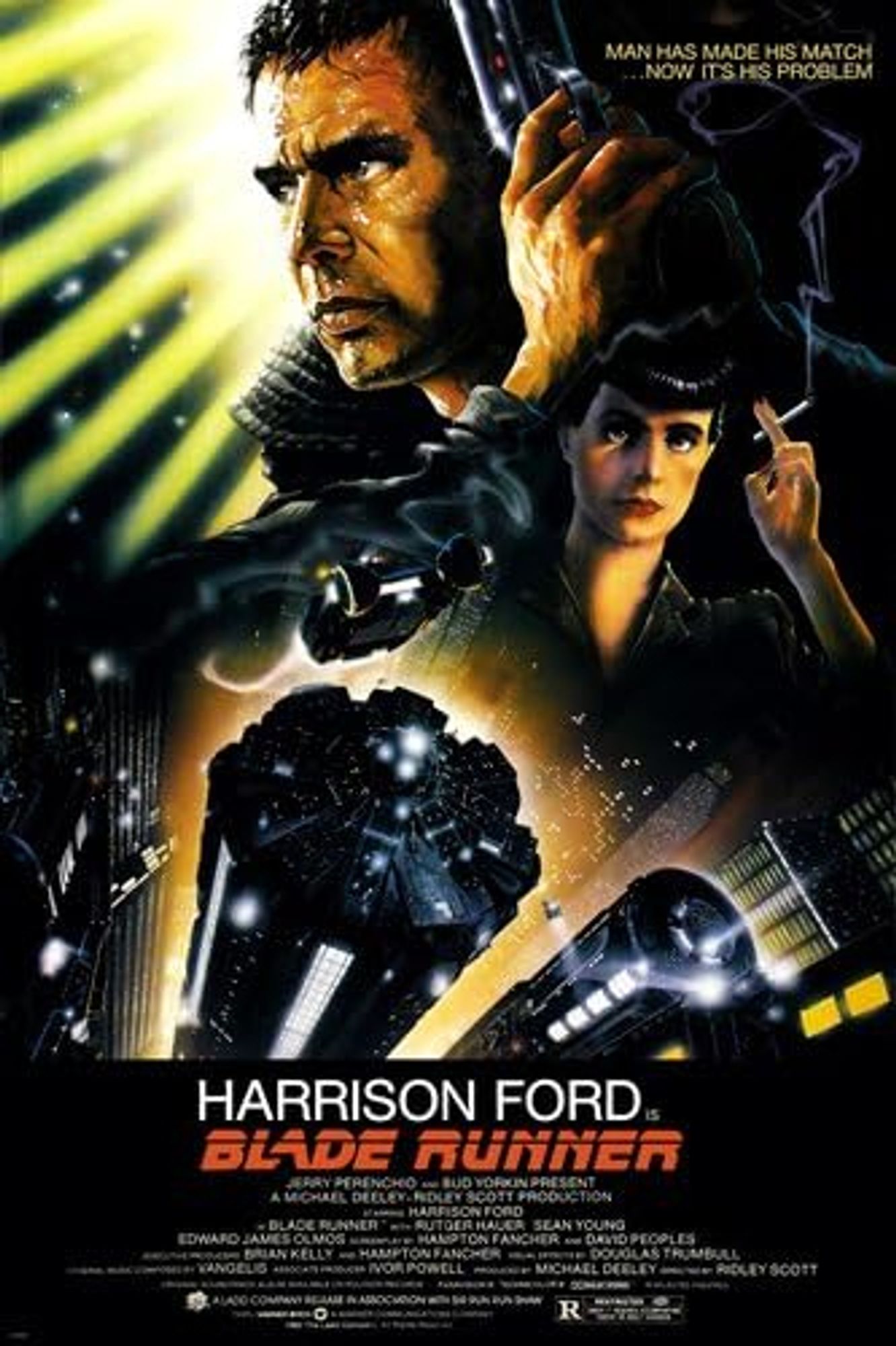 Blade Runner movie poster - man looking off to the viewer's left holding a gun at the ready, woman staring directly at the viewer holding a smouldering cigarette. Both characters are superimposed over a futuristic cityscape at night, illuminated by building and vehicle lights.