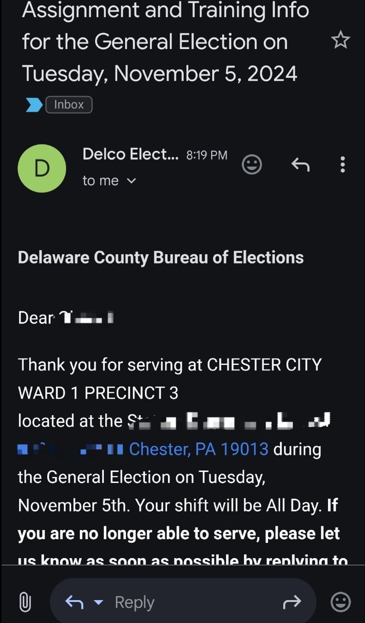 Confirmation email for precinct assignment for the general election in Pennsylvania