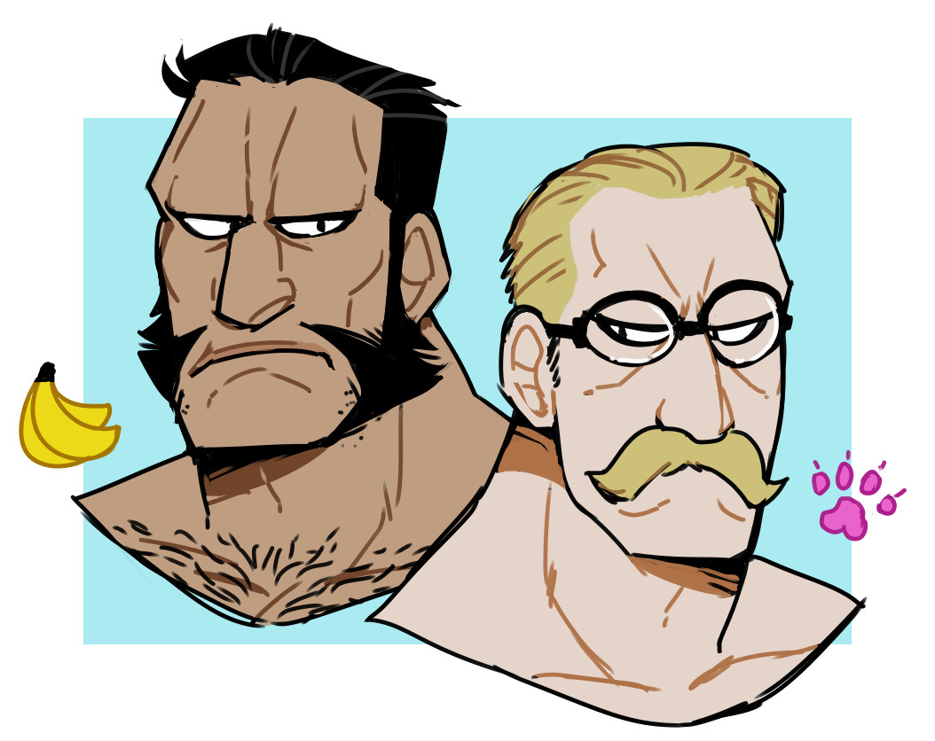 Sketch busts of Darius and Heinkel from Fullmetal Alchemist: Brotherhood. There are some bananas next to Darius and a kitty paw beside Heinkel.